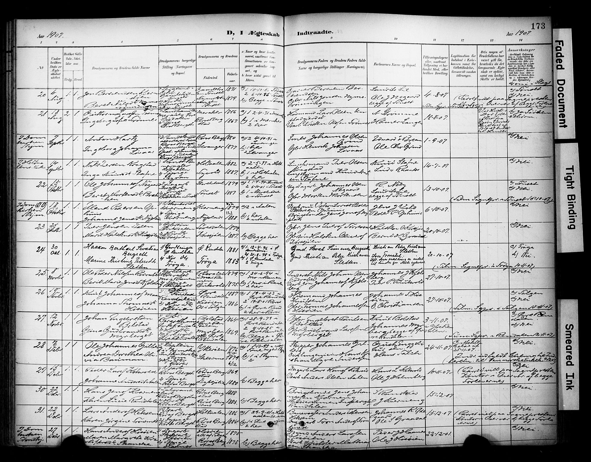Ministerialprotokoller, klokkerbøker og fødselsregistre - Sør-Trøndelag, SAT/A-1456/681/L0936: Parish register (official) no. 681A14, 1899-1908, p. 173