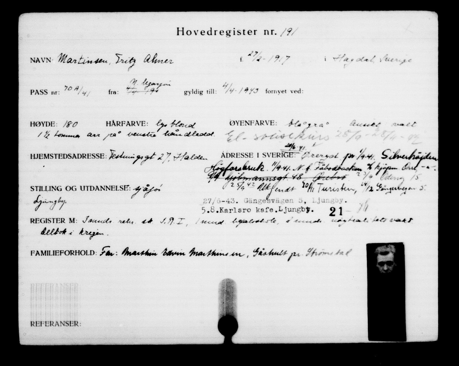 Utenriksstasjonene, Legasjonen i Stockholm, Flyktningkontoret, AV/RA-S-6753/V/Va/L0001: Kjesäterkartoteket, flyktninger med registreringsnr. 1-1000, 1940-1945, p. 307