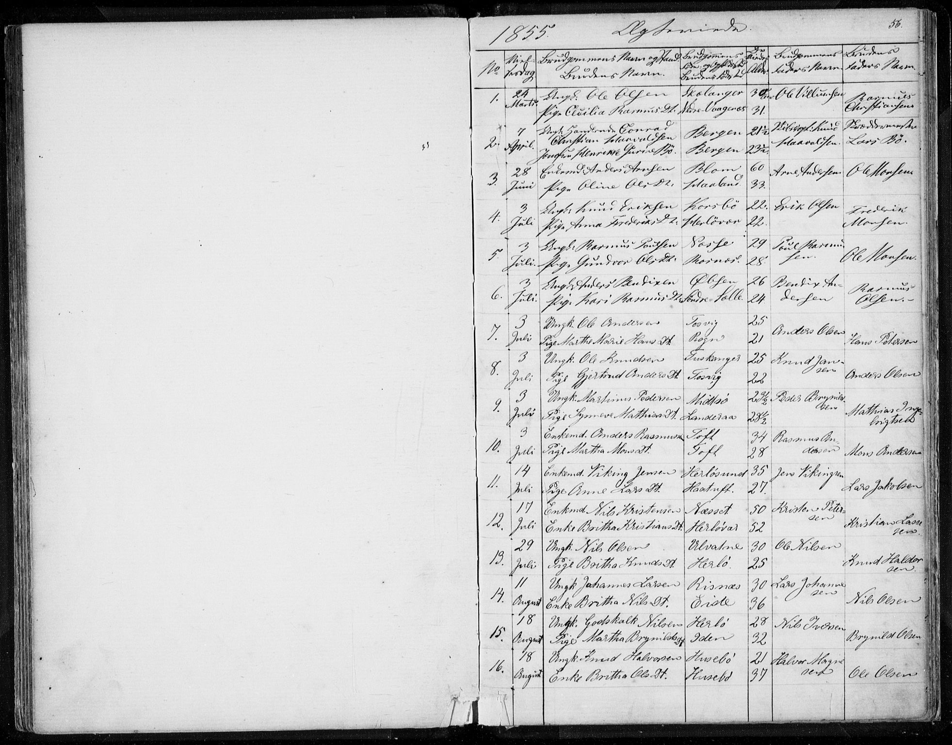 Herdla Sokneprestembete, SAB/A-75701/H/Haa: Parish register (official) no. A 1, 1855-1869, p. 56