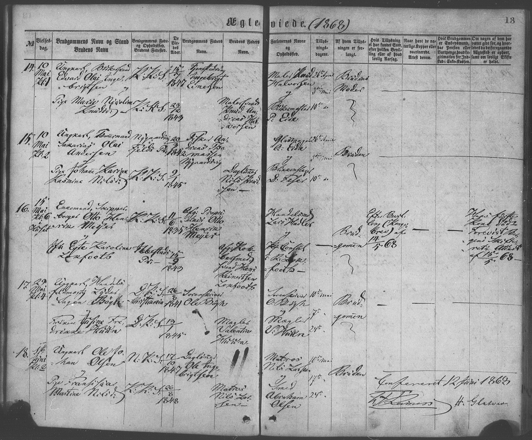 Korskirken sokneprestembete, SAB/A-76101/H/Haa/L0036: Parish register (official) no. D 3, 1867-1882, p. 13