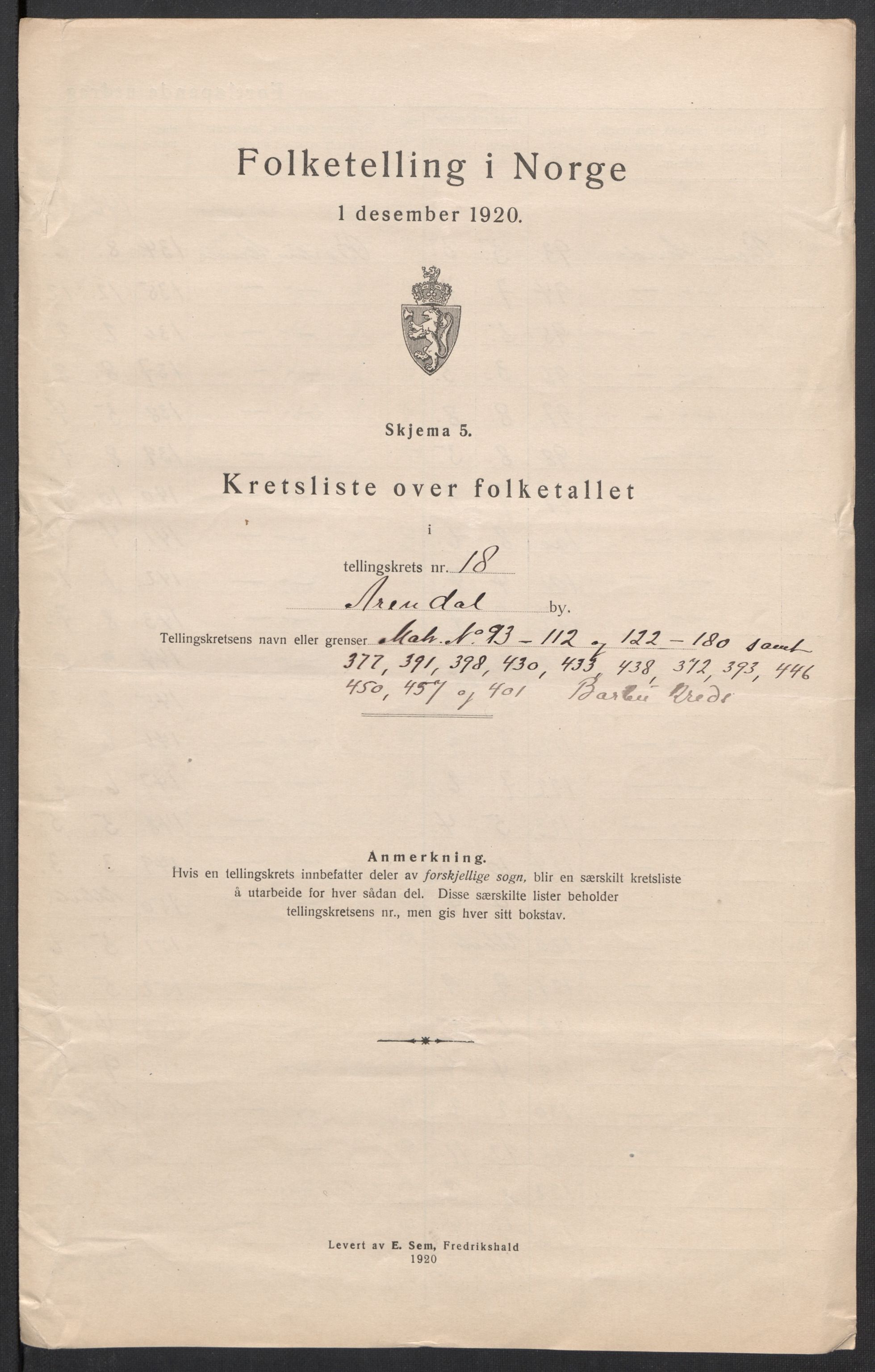 SAK, 1920 census for Arendal, 1920, p. 59