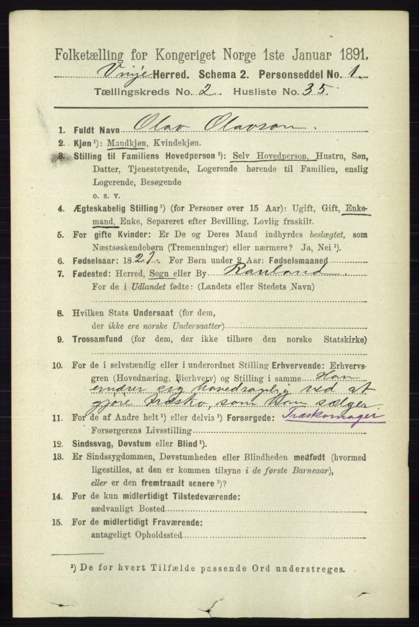 RA, 1891 census for 0834 Vinje, 1891, p. 590