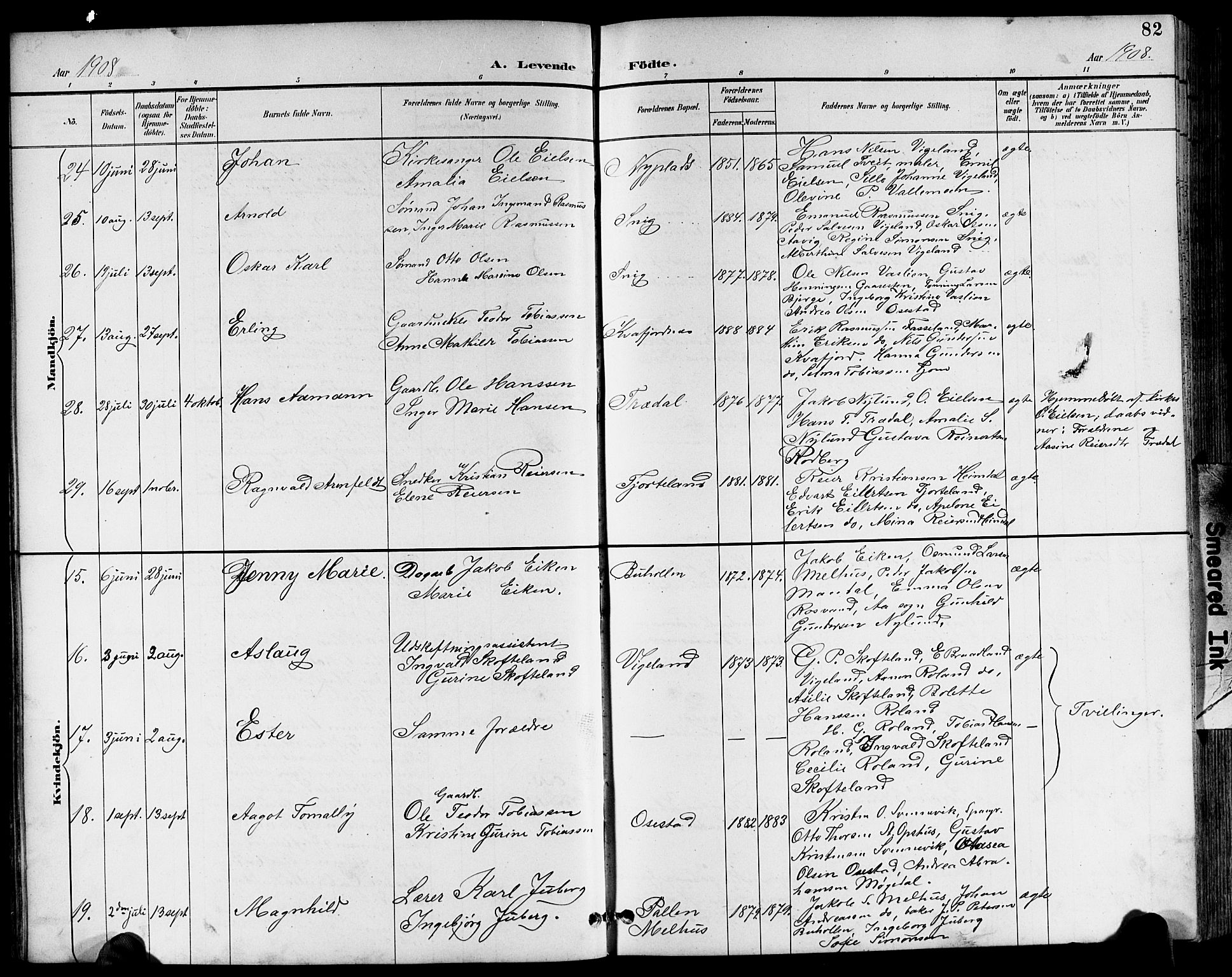 Sør-Audnedal sokneprestkontor, AV/SAK-1111-0039/F/Fb/Fbb/L0006: Parish register (copy) no. B 6, 1893-1915, p. 82