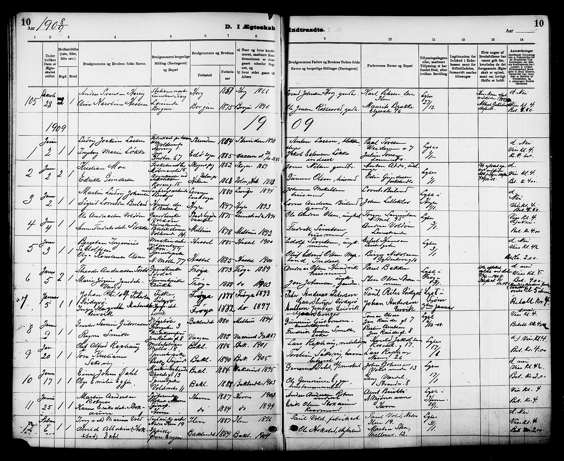 Ministerialprotokoller, klokkerbøker og fødselsregistre - Sør-Trøndelag, SAT/A-1456/605/L0255: Parish register (copy) no. 605C02, 1908-1918, p. 10