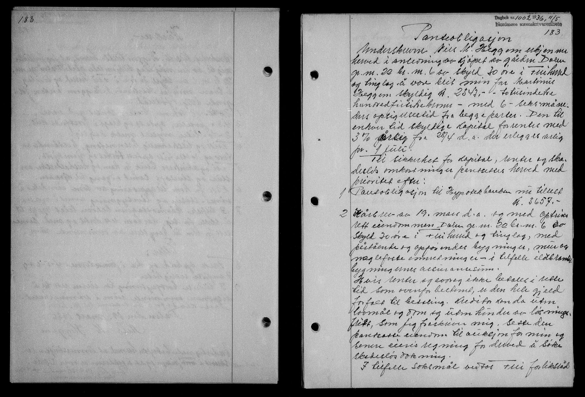 Nordmøre sorenskriveri, AV/SAT-A-4132/1/2/2Ca/L0088: Mortgage book no. 78, 1936-1936, Diary no: : 1002/1936