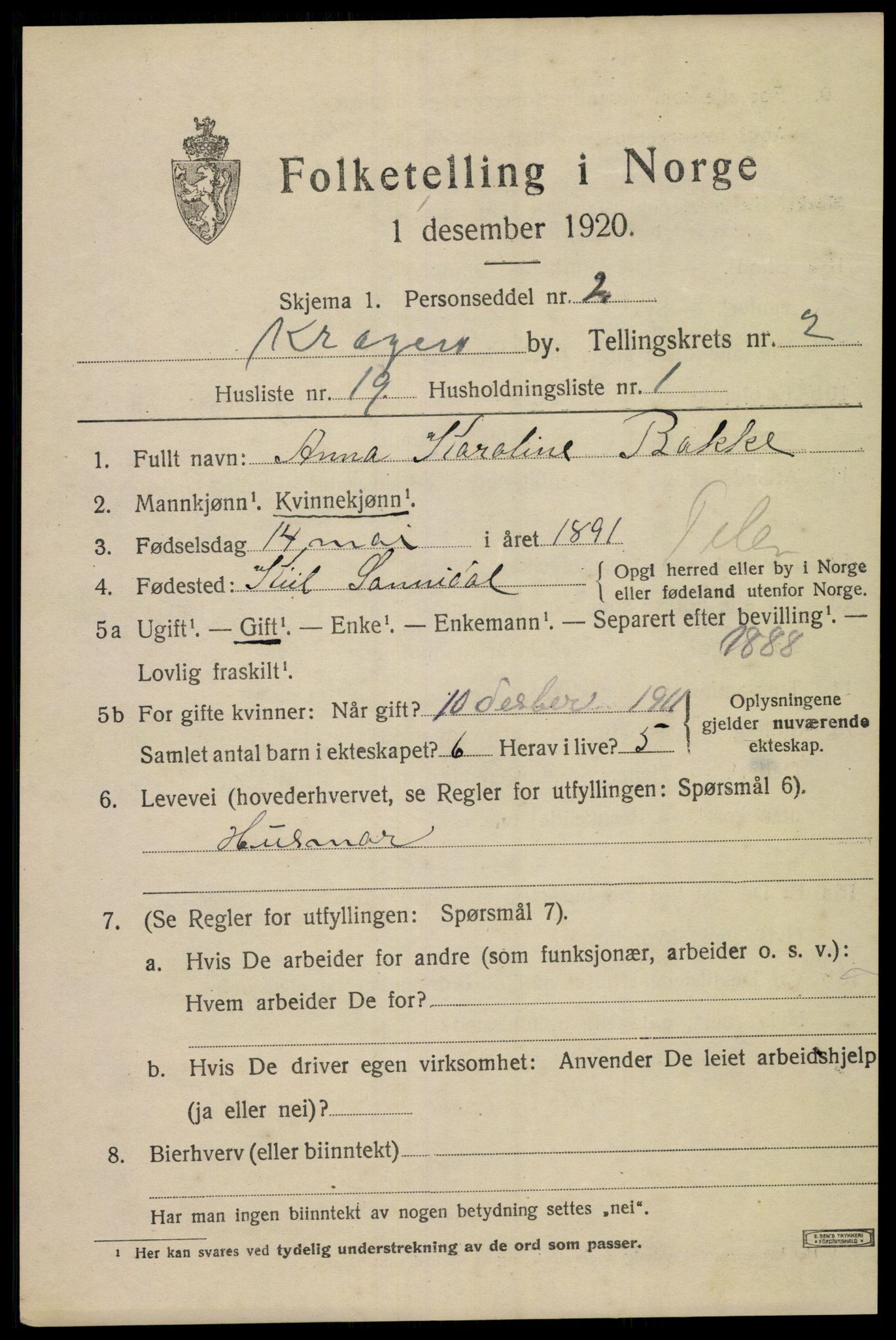 SAKO, 1920 census for Kragerø, 1920, p. 5559