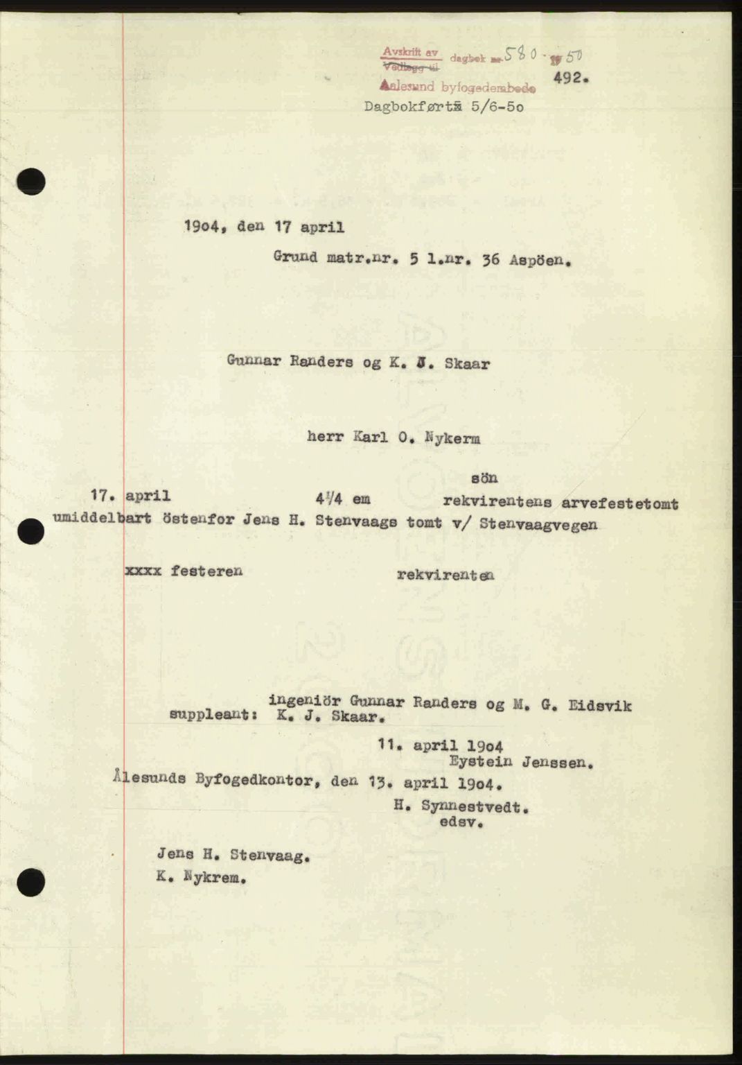 Ålesund byfogd, AV/SAT-A-4384: Mortgage book no. 37A (2), 1949-1950, Diary no: : 580/1950
