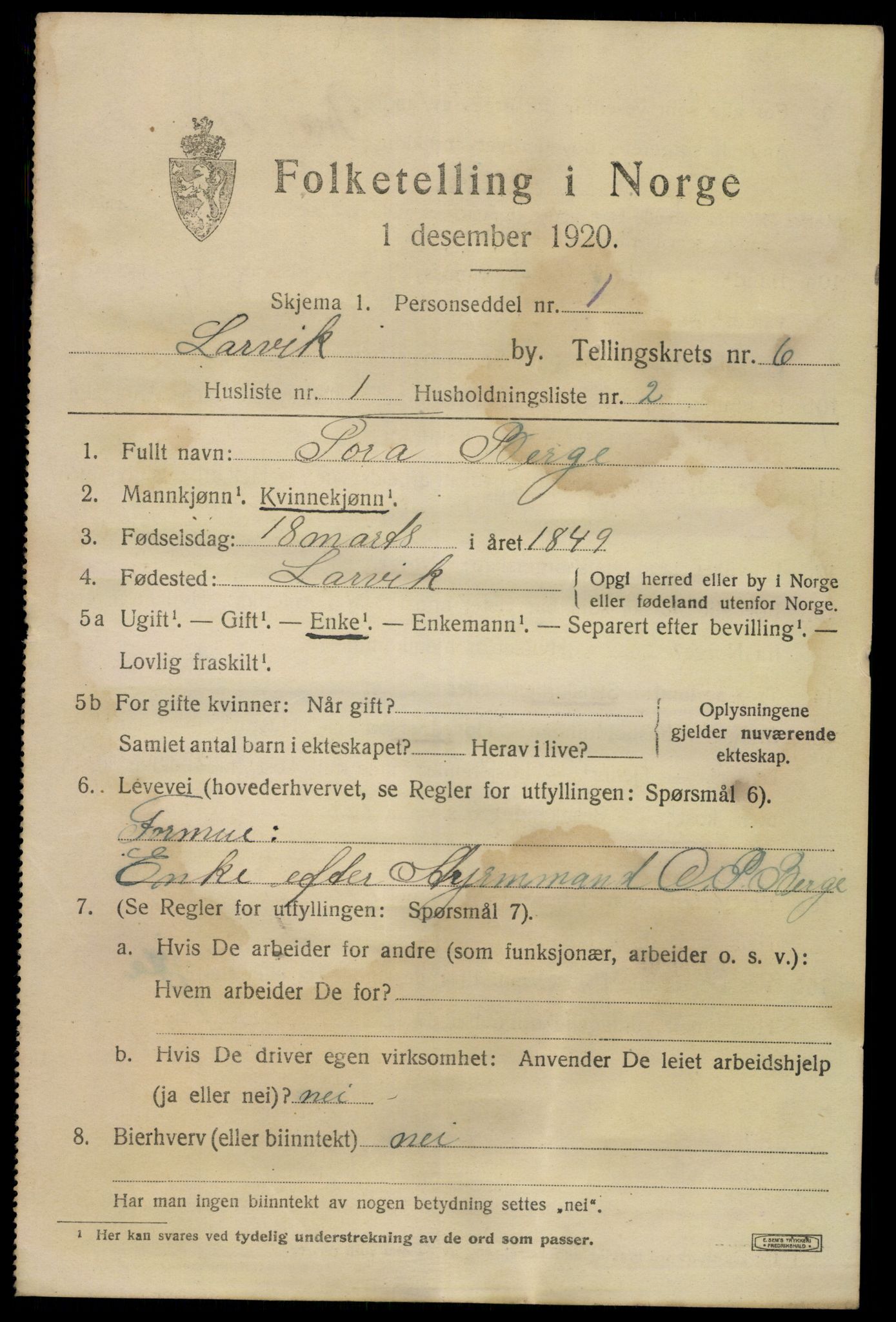 SAKO, 1920 census for Larvik, 1920, p. 17946