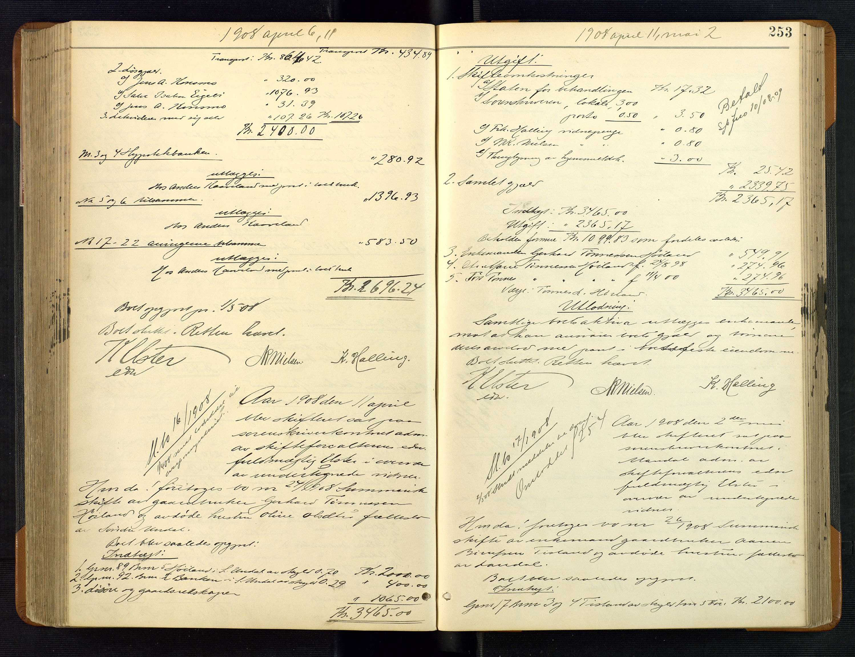 Mandal sorenskriveri, SAK/1221-0005/001/H/Hc/L0097: Skifteutlodningsprotokoll nr 6 med register, 1903-1910, p. 253