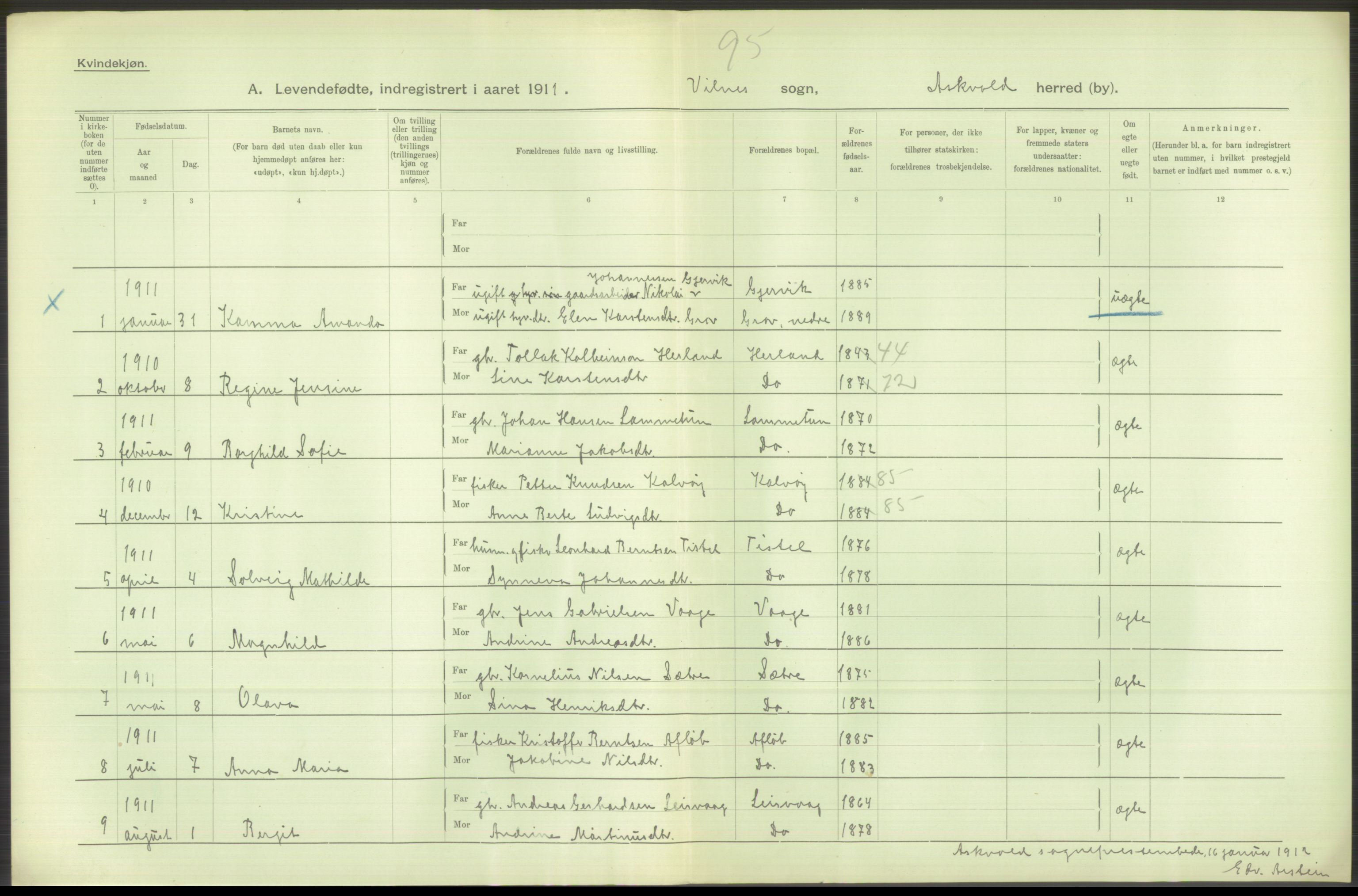 Statistisk sentralbyrå, Sosiodemografiske emner, Befolkning, RA/S-2228/D/Df/Dfb/Dfba/L0033: N. Bergenhus amt:  Levendefødte menn og kvinner. Bygder., 1911, p. 536