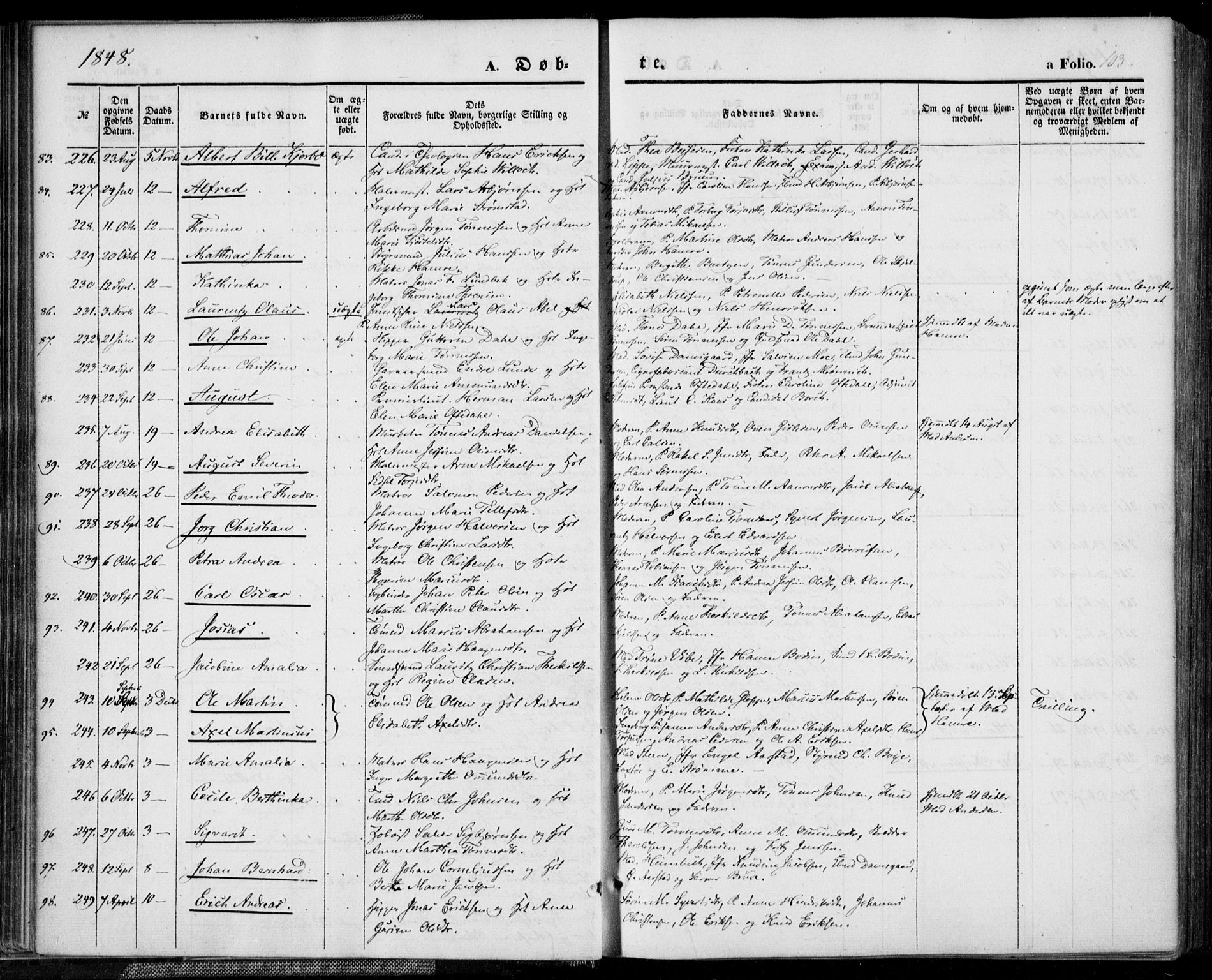 Kristiansand domprosti, SAK/1112-0006/F/Fa/L0013: Parish register (official) no. A 13, 1842-1851, p. 103