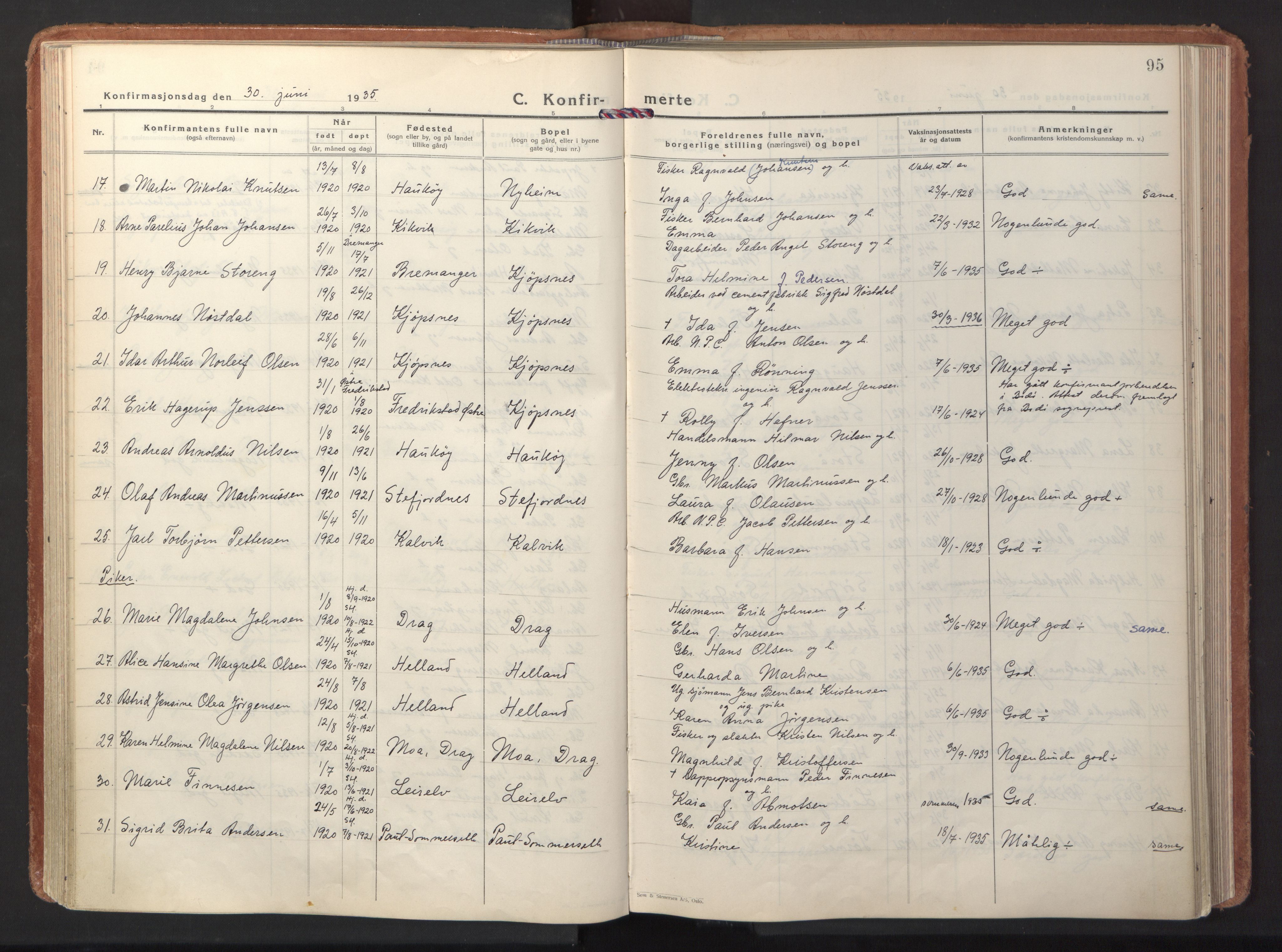 Ministerialprotokoller, klokkerbøker og fødselsregistre - Nordland, AV/SAT-A-1459/861/L0874: Parish register (official) no. 861A09, 1932-1939, p. 95