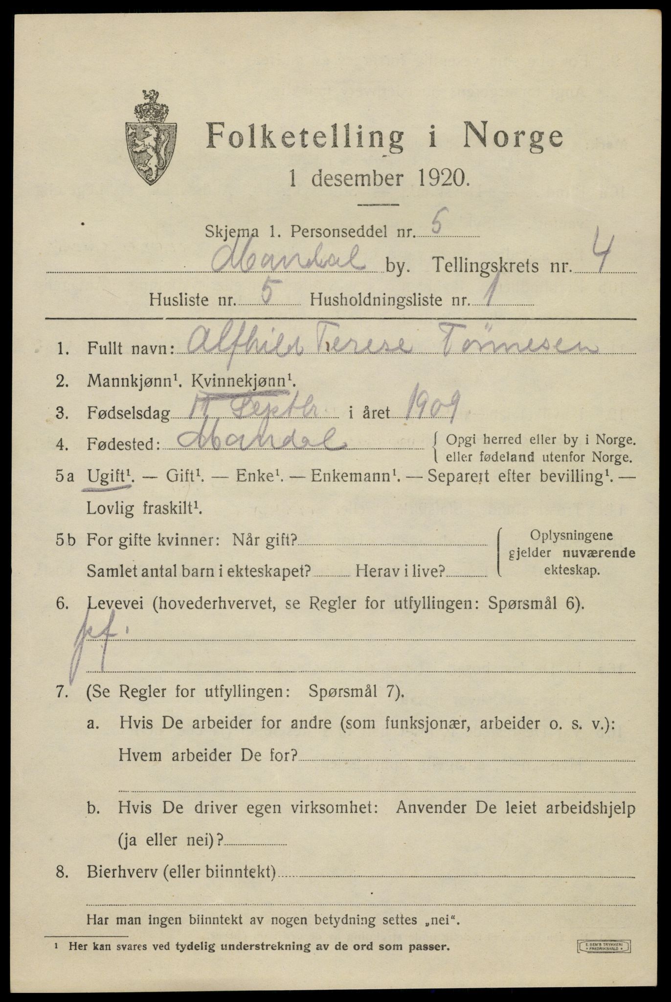 SAK, 1920 census for Mandal, 1920, p. 7077