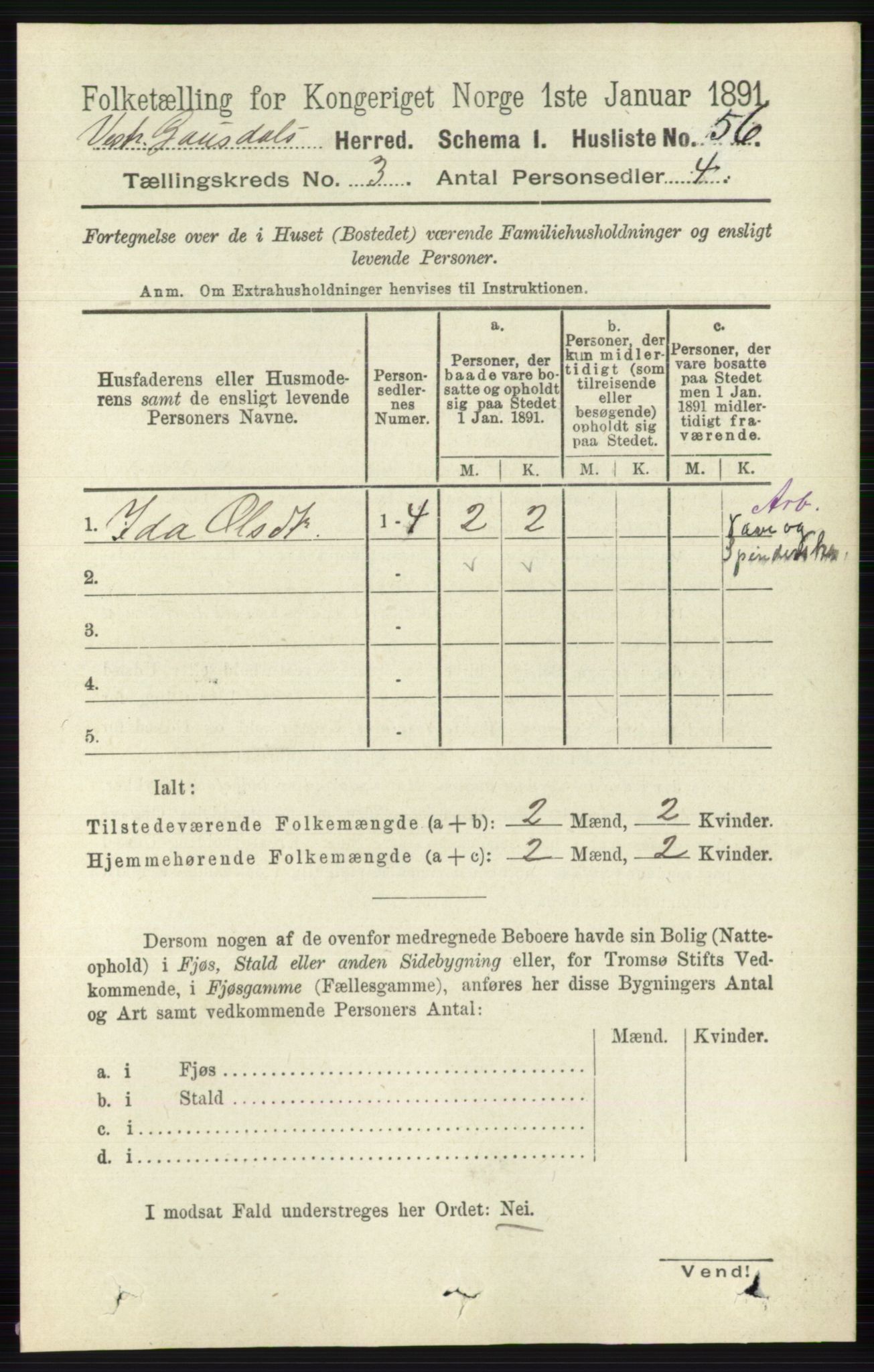 RA, 1891 census for 0523 Vestre Gausdal, 1891, p. 1250