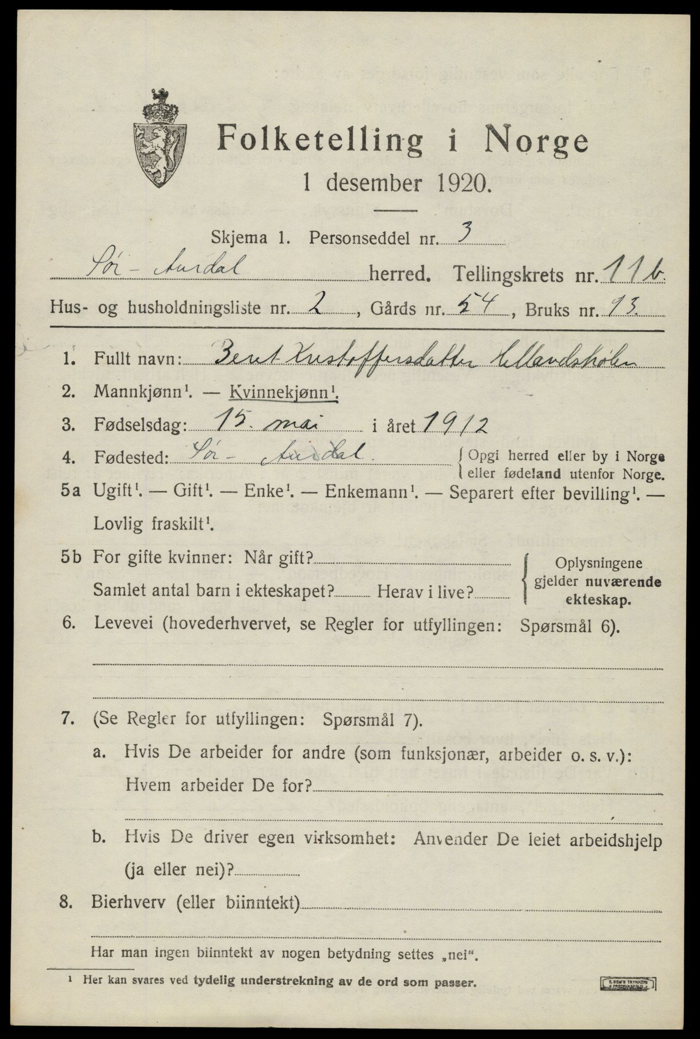 SAH, 1920 census for Sør-Aurdal, 1920, p. 6271