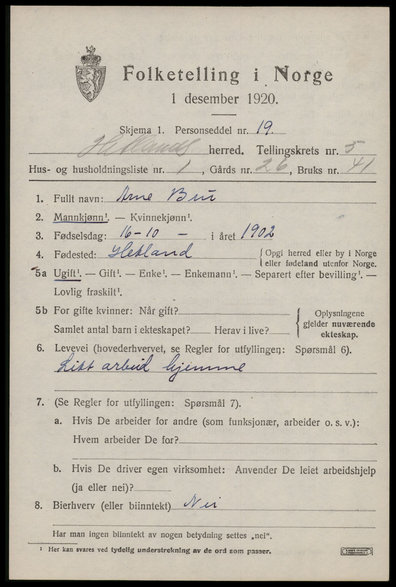 SAST, 1920 census for Hetland, 1920, p. 8189