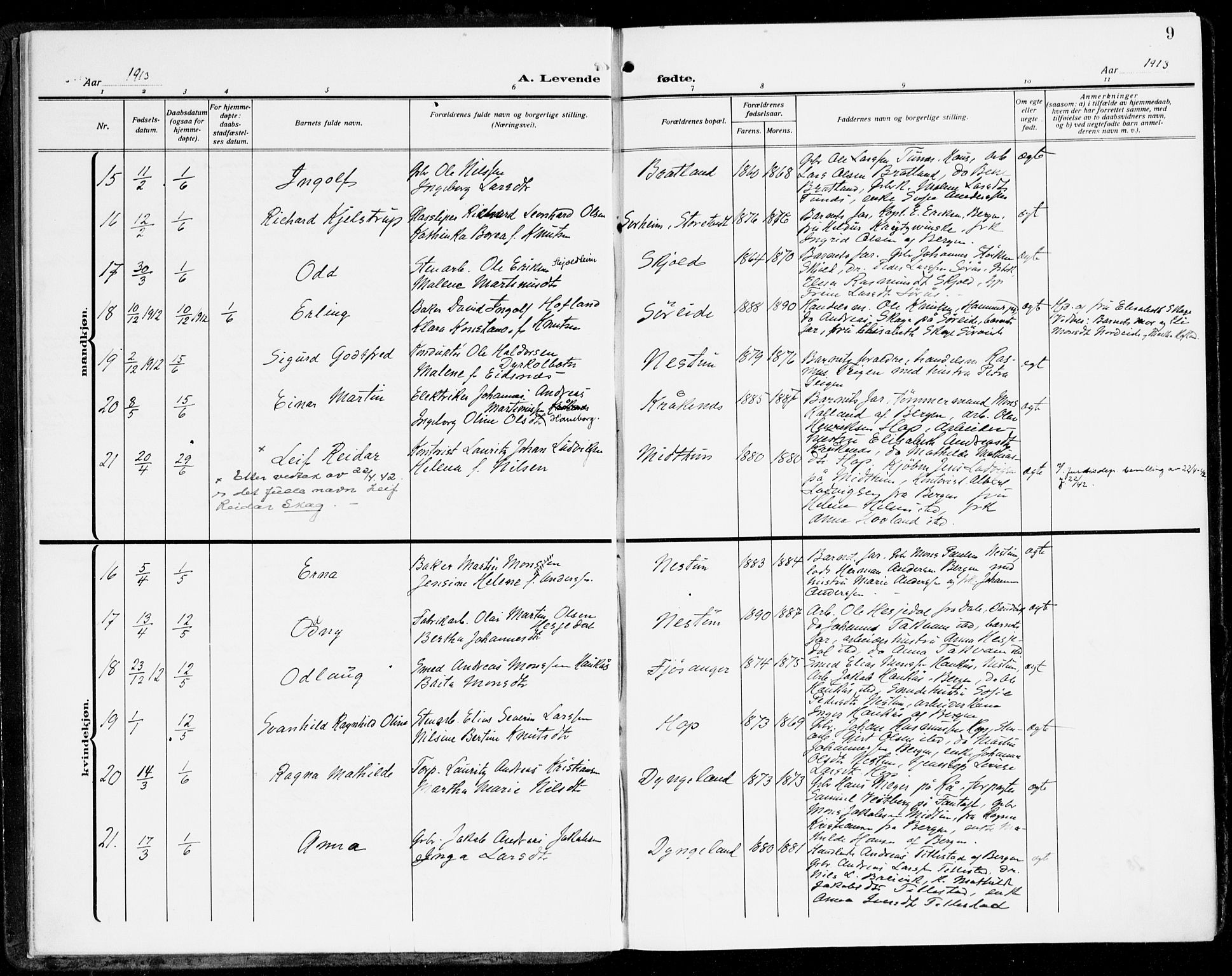 Fana Sokneprestembete, SAB/A-75101/H/Haa/Haai/L0004: Parish register (official) no. I 4, 1912-1933, p. 9