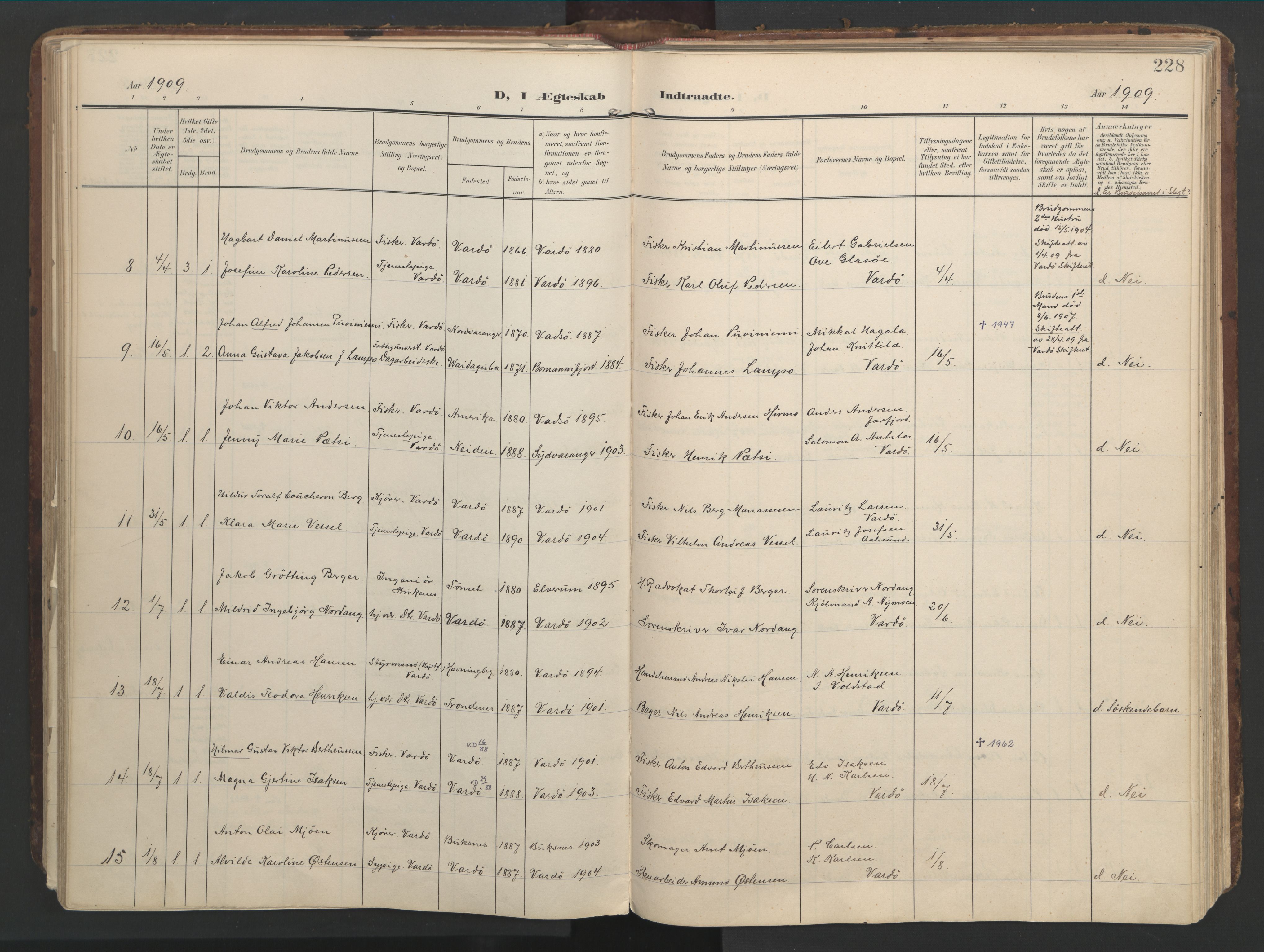 Vardø sokneprestkontor, AV/SATØ-S-1332/H/Ha/L0012kirke: Parish register (official) no. 12, 1907-1921, p. 228