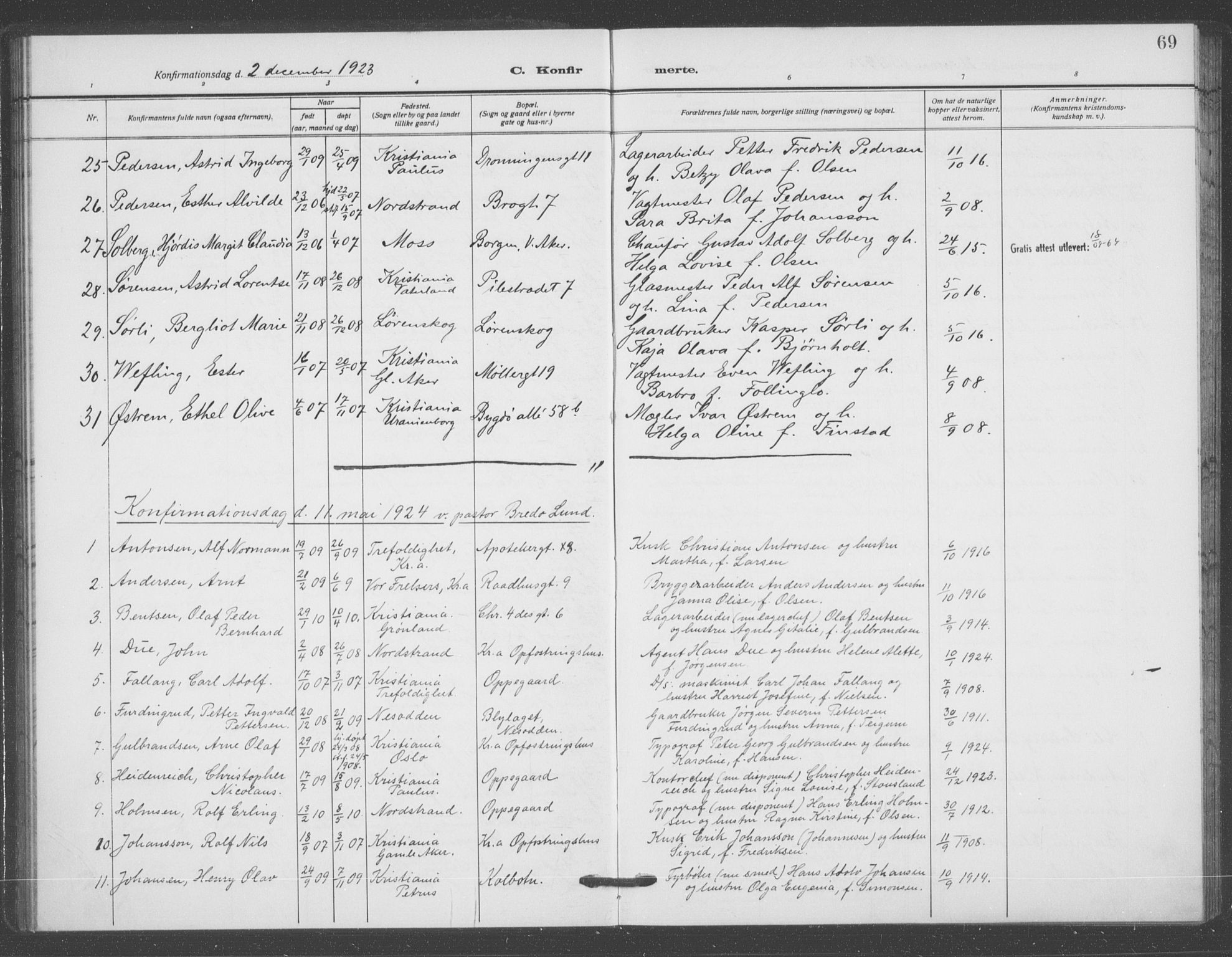 Oslo domkirke Kirkebøker, SAO/A-10752/F/Fa/L0031: Parish register (official) no. 31, 1918-1941, p. 69