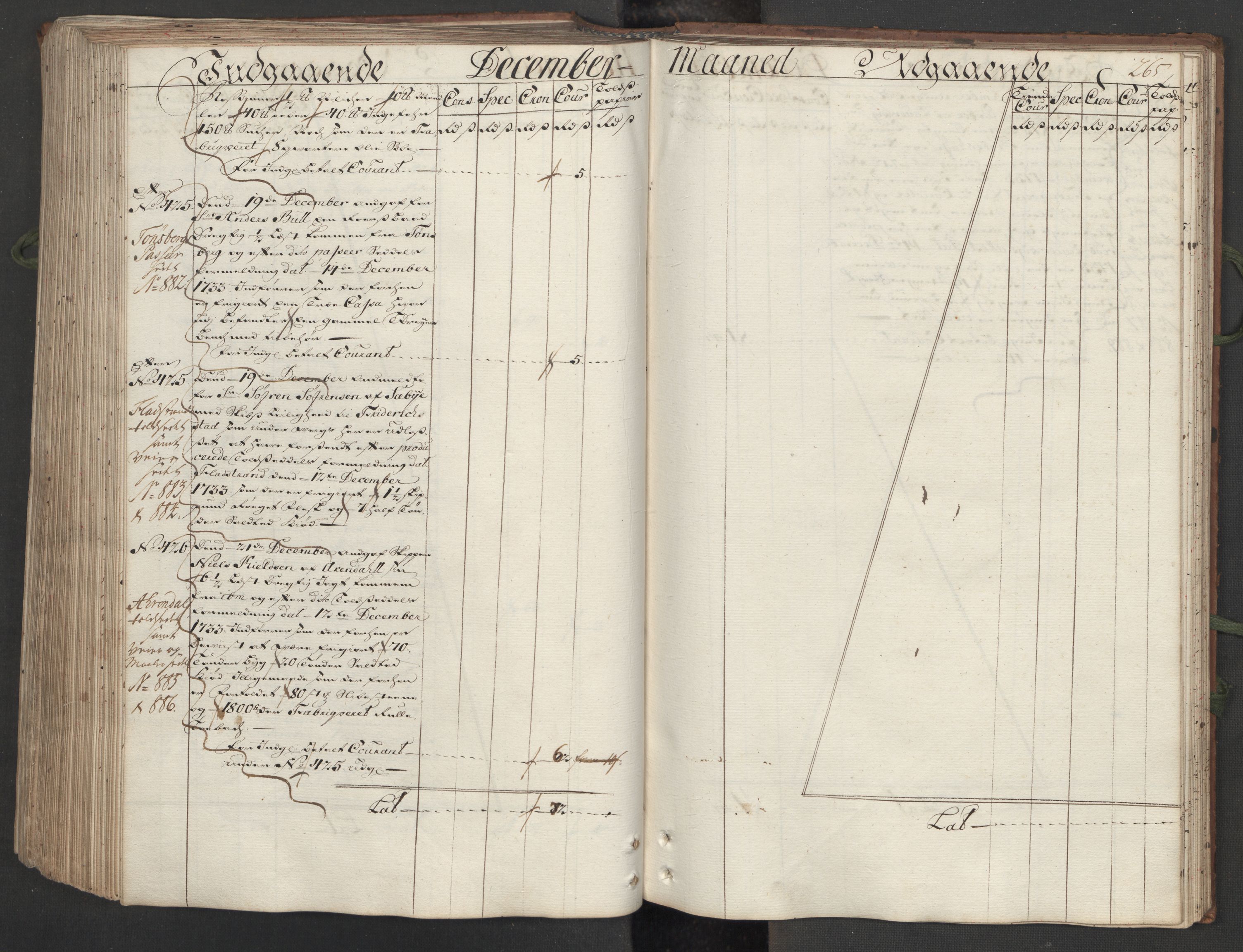 Generaltollkammeret, tollregnskaper, AV/RA-EA-5490/R12/L0009/0001: Tollregnskaper Langesund / Hovedtollbok, 1733, p. 264b-265a