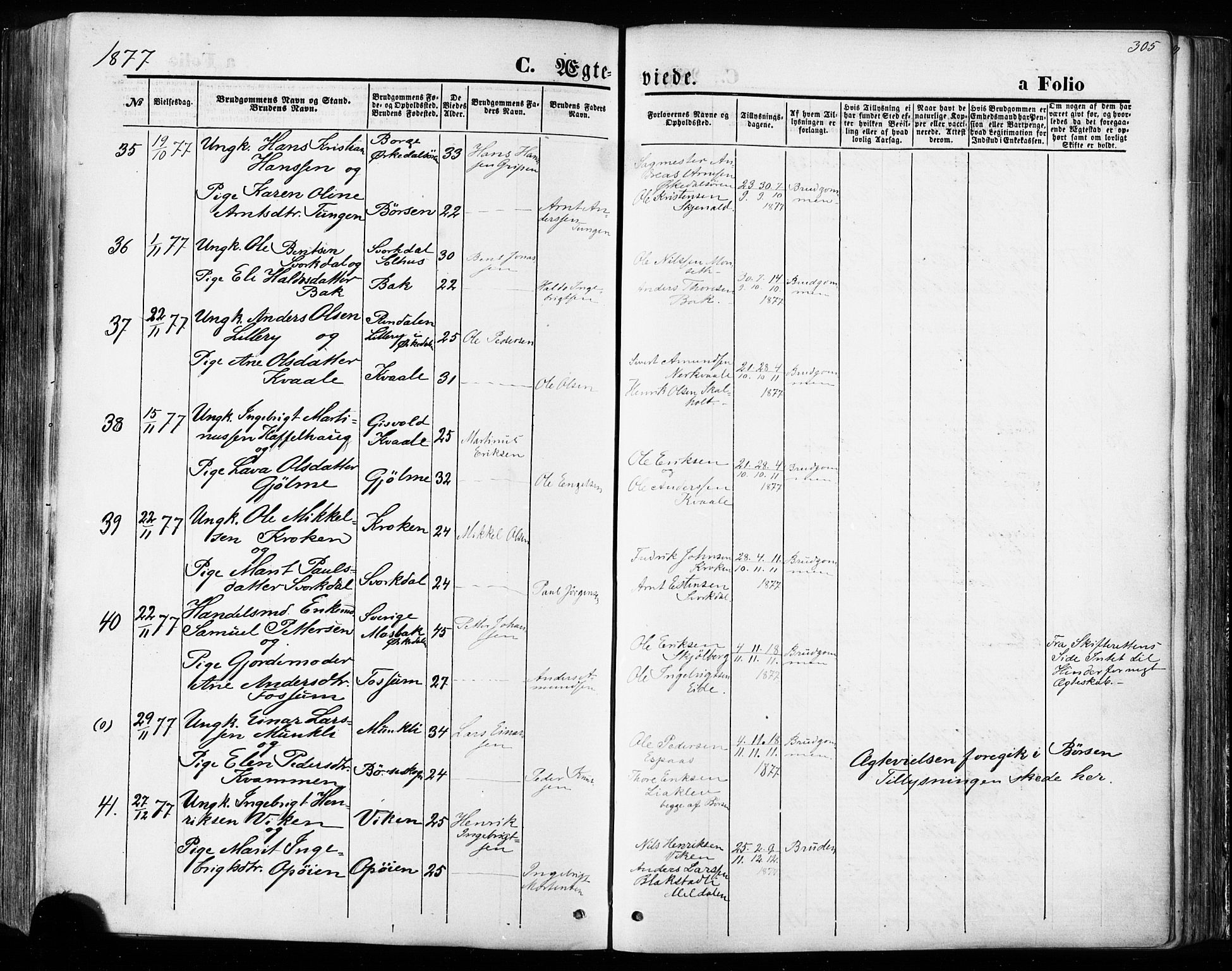 Ministerialprotokoller, klokkerbøker og fødselsregistre - Sør-Trøndelag, AV/SAT-A-1456/668/L0807: Parish register (official) no. 668A07, 1870-1880, p. 305