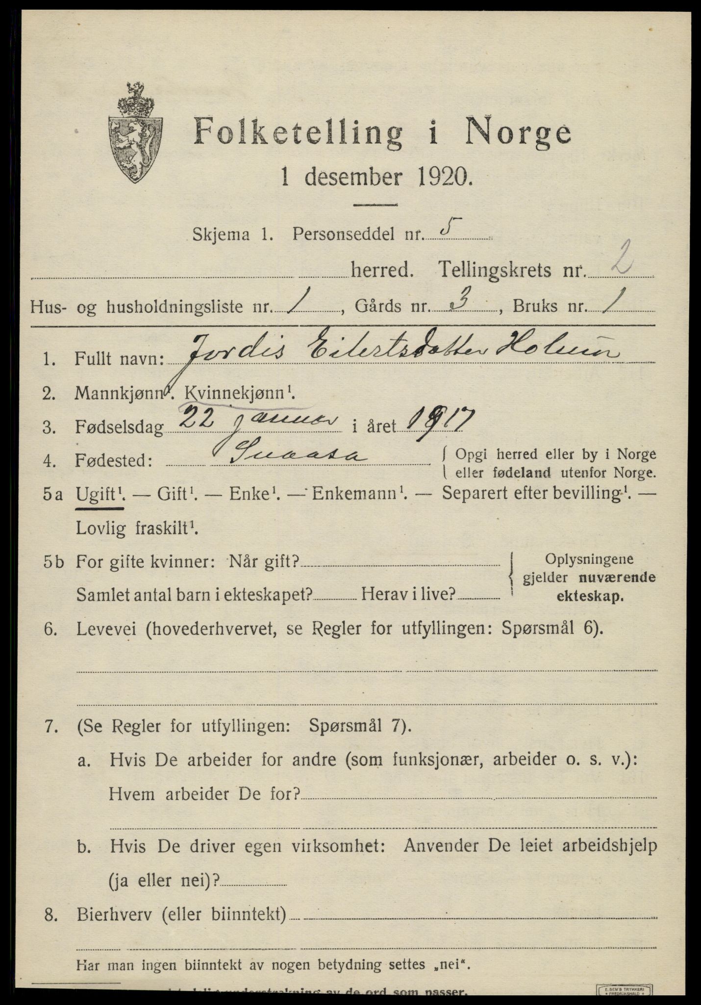 SAT, 1920 census for Snåsa, 1920, p. 1192