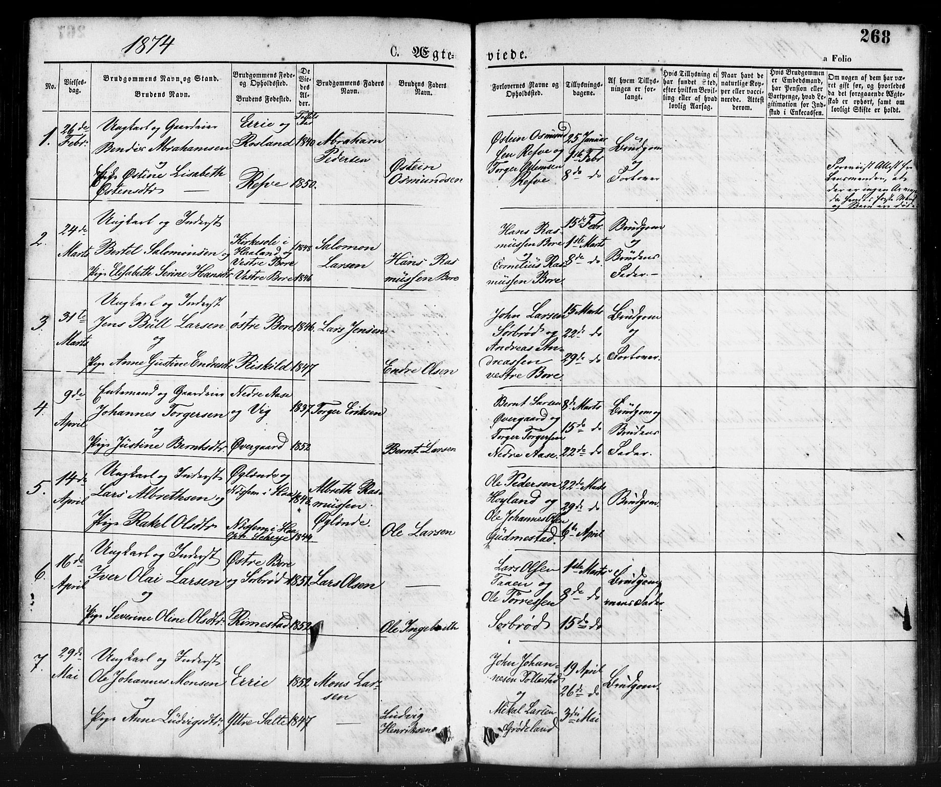 Klepp sokneprestkontor, AV/SAST-A-101803/001/3/30BA/L0006: Parish register (official) no. A 6, 1871-1885, p. 268