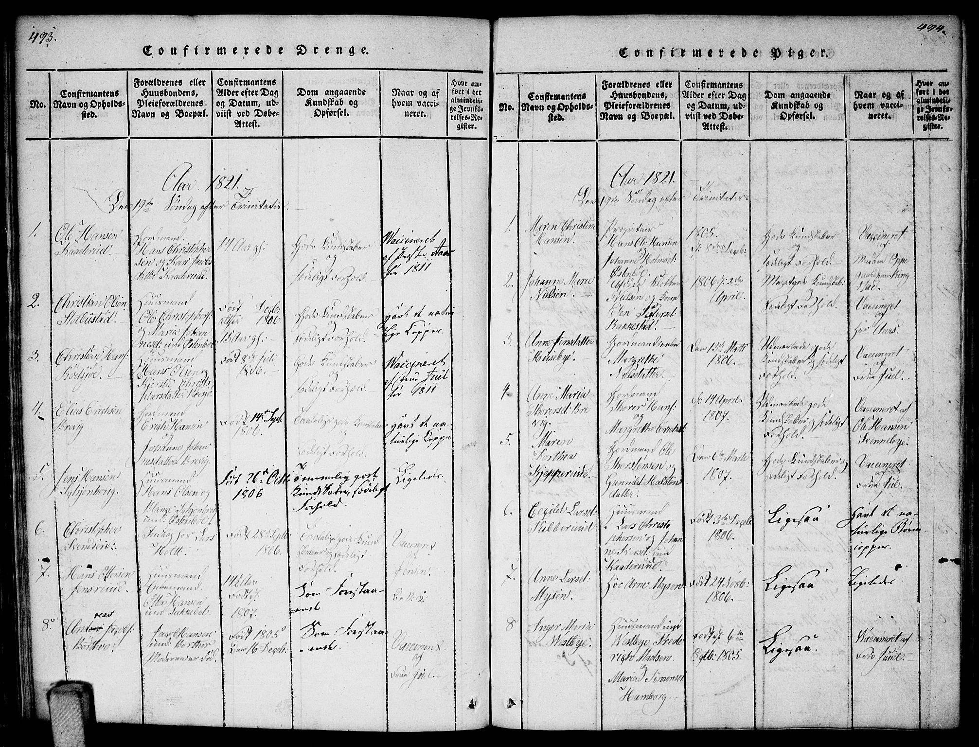 Enebakk prestekontor Kirkebøker, AV/SAO-A-10171c/F/Fa/L0006: Parish register (official) no. I 6, 1815-1832, p. 493-494