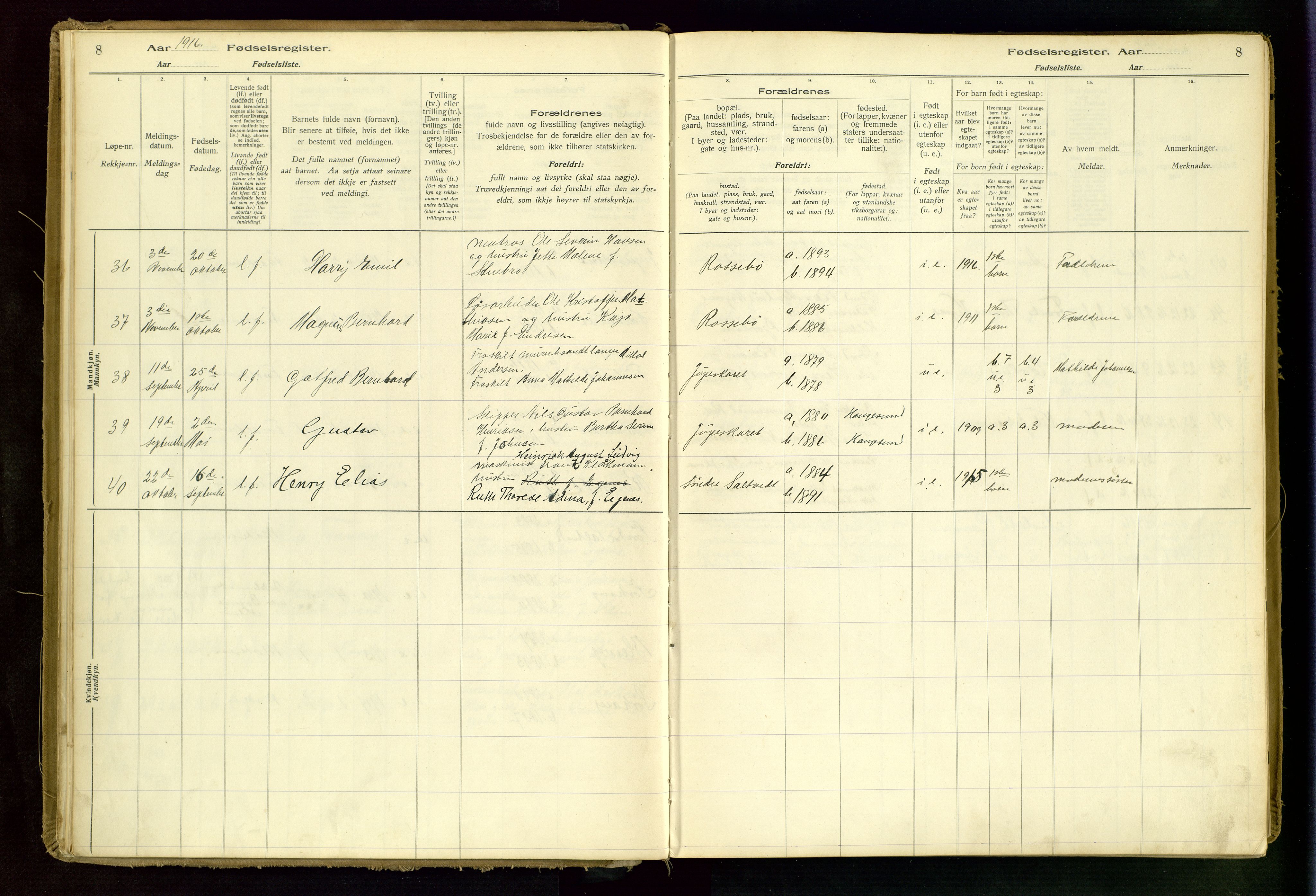 Haugesund sokneprestkontor, AV/SAST-A -101863/I/Id/L0001: Birth register no. 1, 1916-1935, p. 8