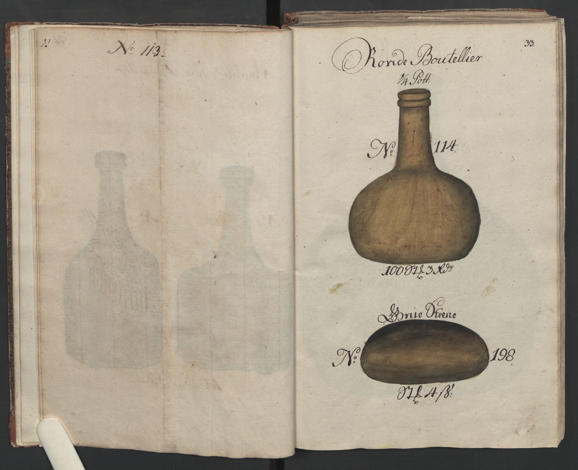 Glassverk, samlinger, AV/RA-PA-0001/F/Fa/L0036: Modellbok for Nøstetangens og Aas' produkter med prisangivelse,, 1763, p. 32-33