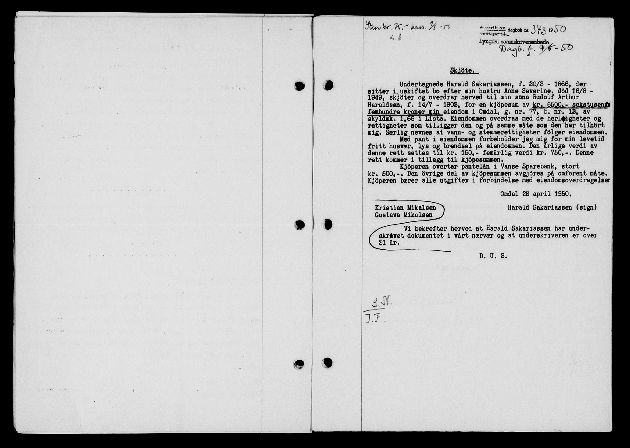 Lyngdal sorenskriveri, AV/SAK-1221-0004/G/Gb/L0665: Mortgage book no. A XI, 1950-1950, Diary no: : 343/1950