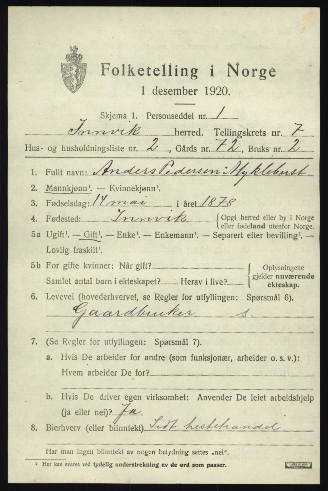 SAB, 1920 census for Innvik, 1920, p. 3157