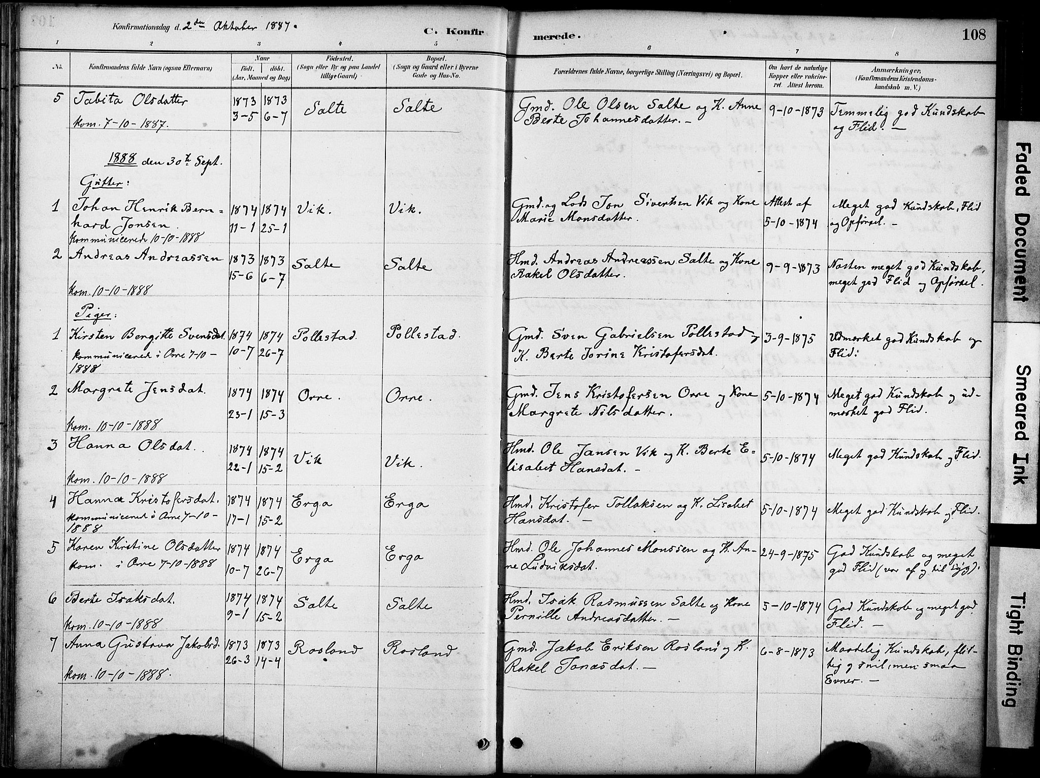 Klepp sokneprestkontor, SAST/A-101803/001/3/30BA/L0007: Parish register (official) no. A 8, 1886-1912, p. 108