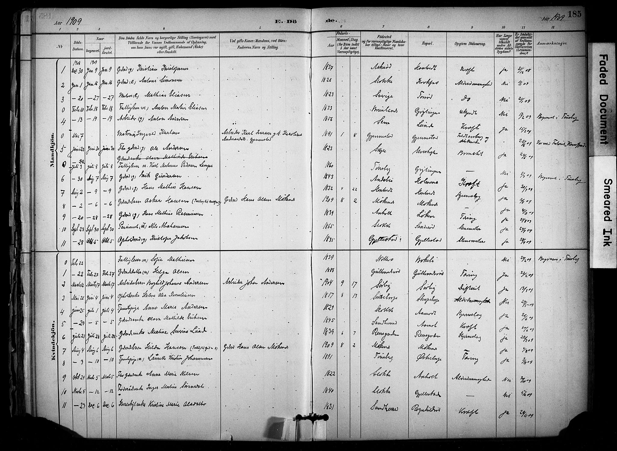 Stokke kirkebøker, SAKO/A-320/F/Fb/L0001: Parish register (official) no. II 1, 1884-1910, p. 185