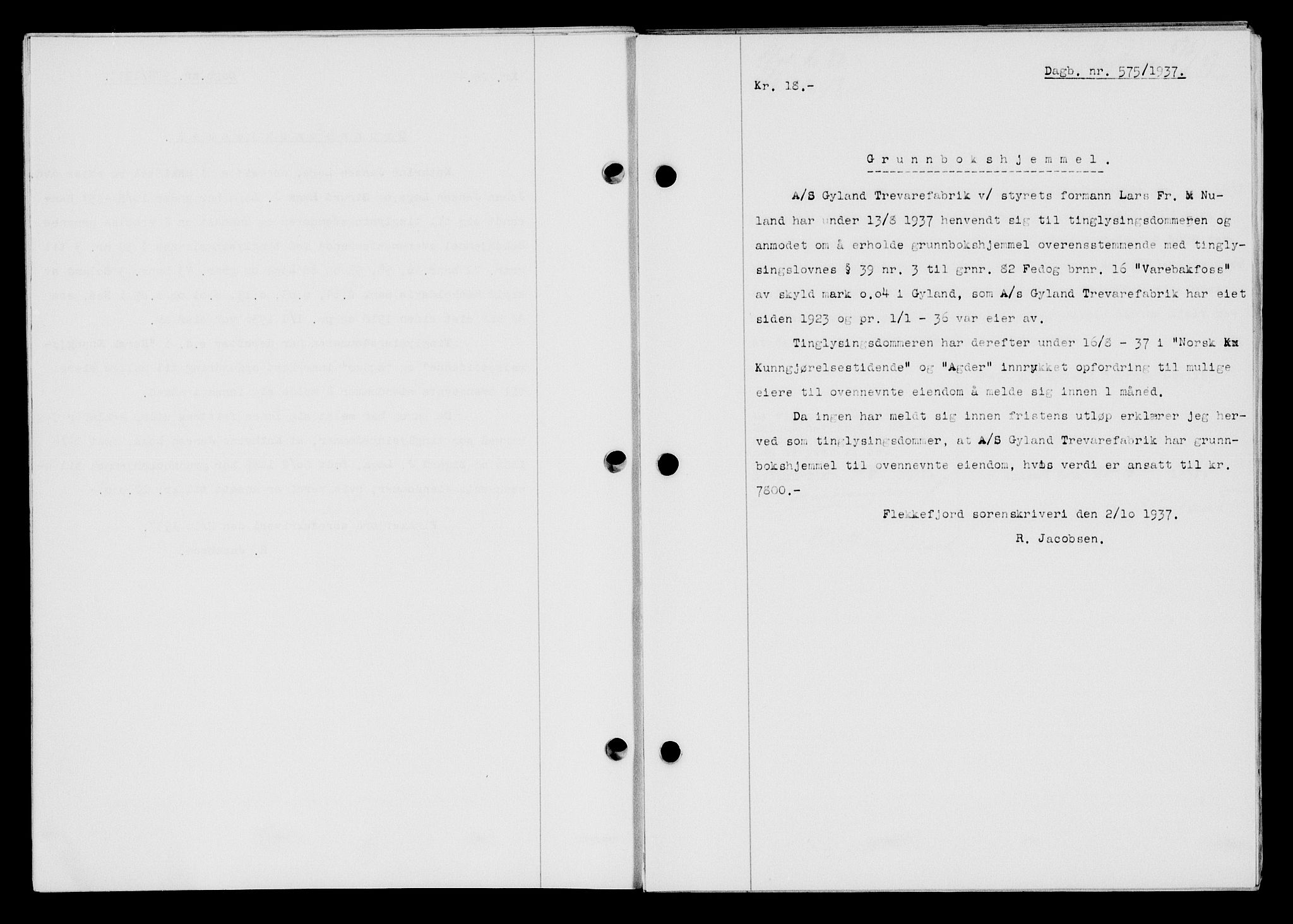 Flekkefjord sorenskriveri, AV/SAK-1221-0001/G/Gb/Gba/L0054: Mortgage book no. A-2, 1937-1938, Diary no: : 575/1937