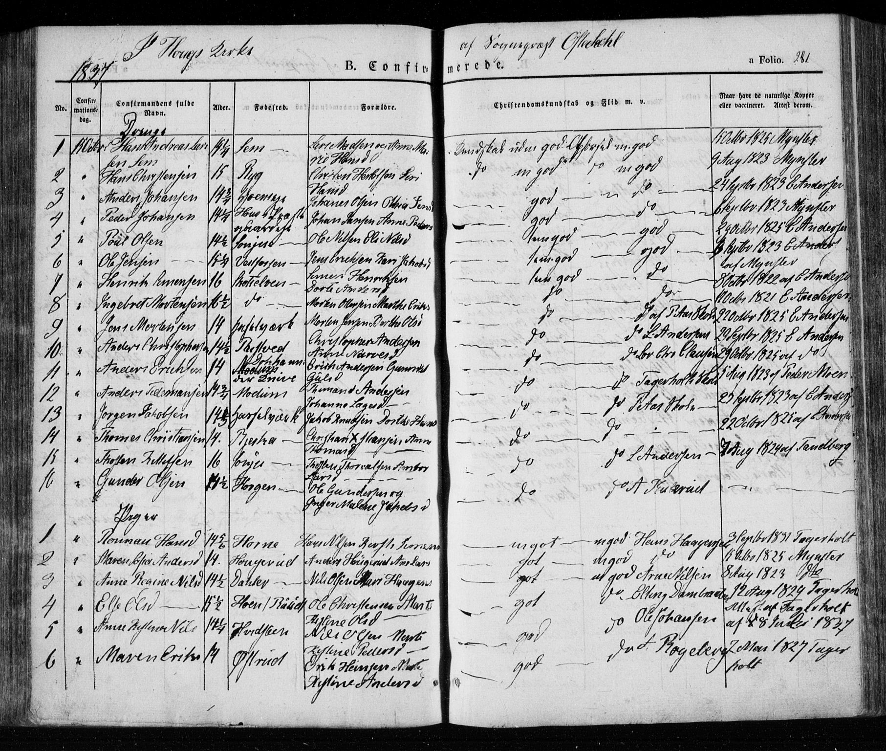 Eiker kirkebøker, SAKO/A-4/F/Fa/L0013a: Parish register (official) no. I 13A, 1832-1845, p. 281
