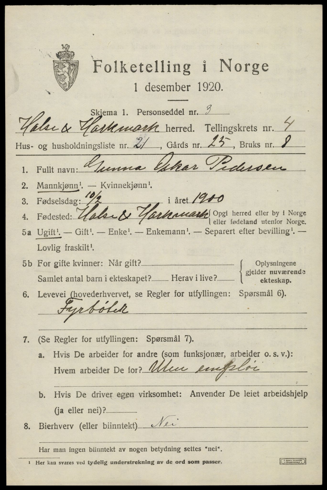 SAK, 1920 census for Halse og Harkmark, 1920, p. 3032