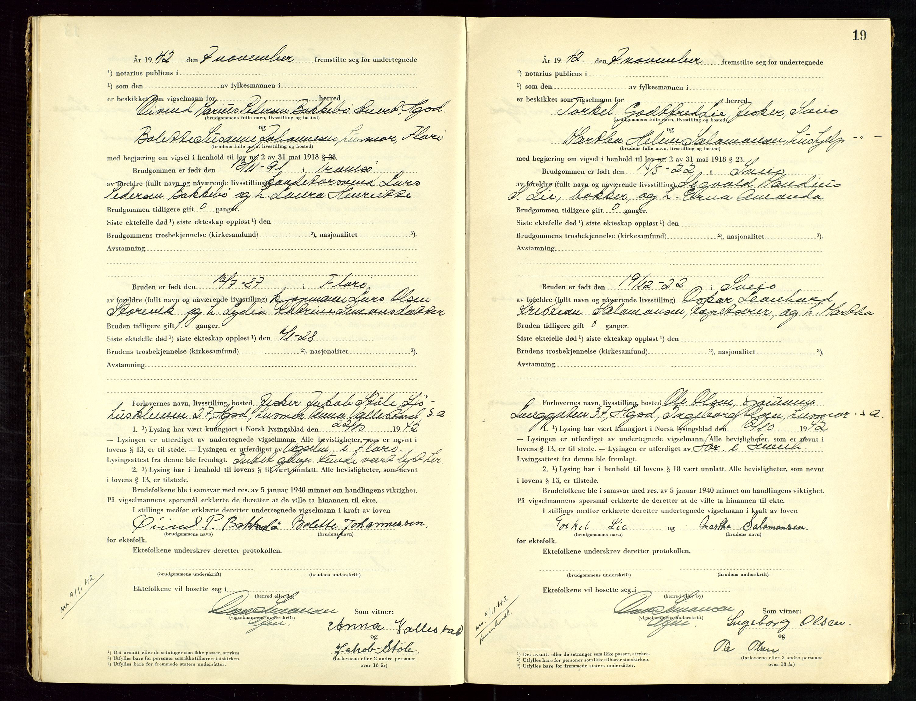 Haugesund tingrett, AV/SAST-A-101415/01/III/IIID/L0003: Vigselbok, 1942-1943, p. 19