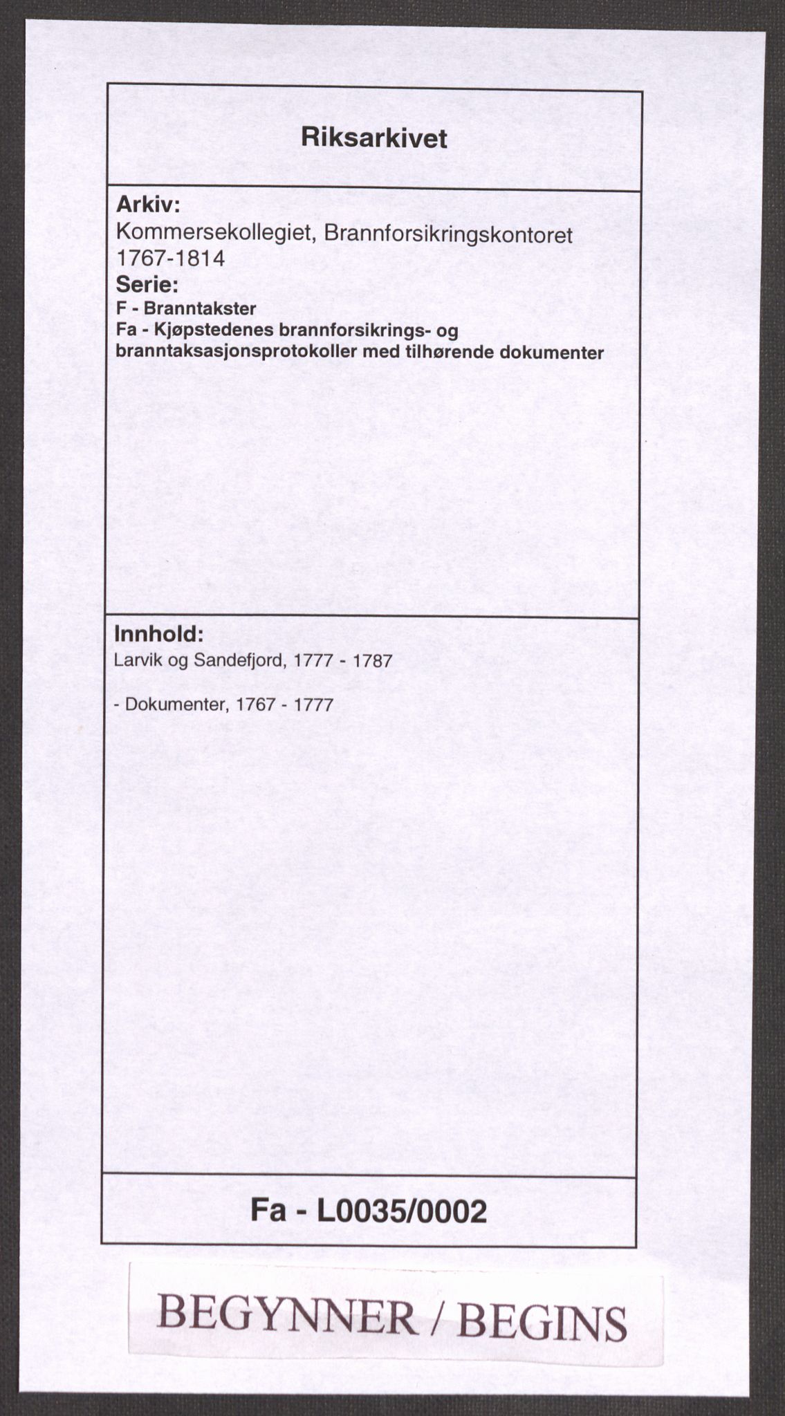 Kommersekollegiet, Brannforsikringskontoret 1767-1814, RA/EA-5458/F/Fa/L0035/0002: Larvik og Sandefjord / Dokumenter, 1767-1777