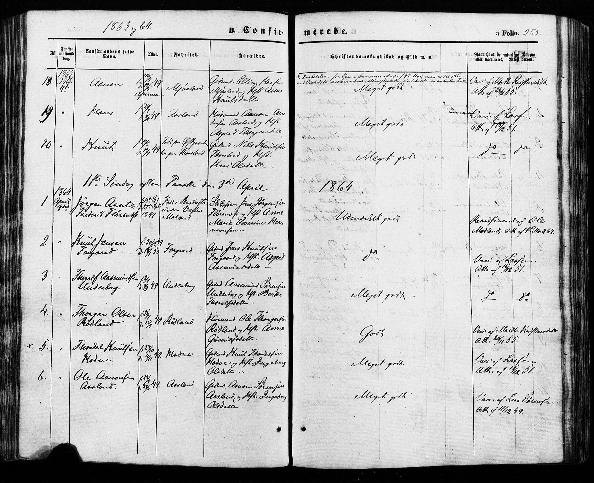 Åseral sokneprestkontor, AV/SAK-1111-0051/F/Fa/L0002: Parish register (official) no. A 2, 1854-1884, p. 255