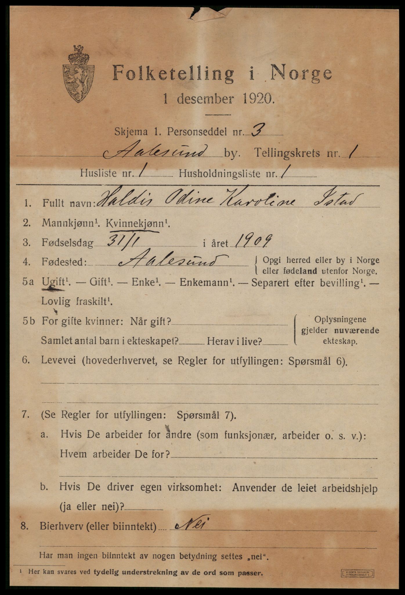 SAT, 1920 census for Ålesund, 1920, p. 9578