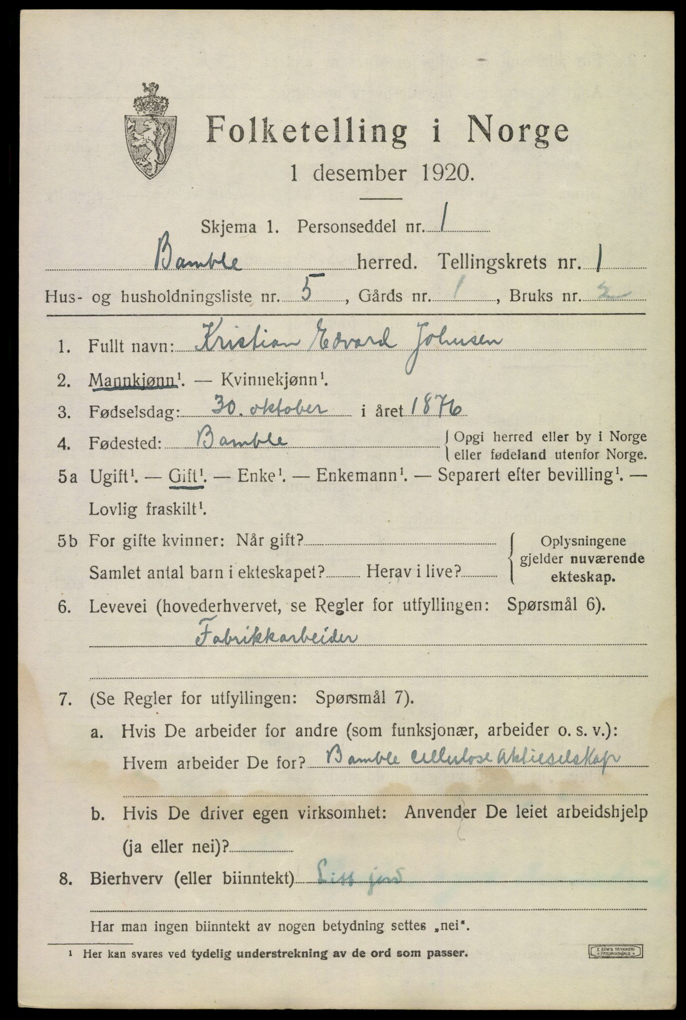 SAKO, 1920 census for Bamble, 1920, p. 2021