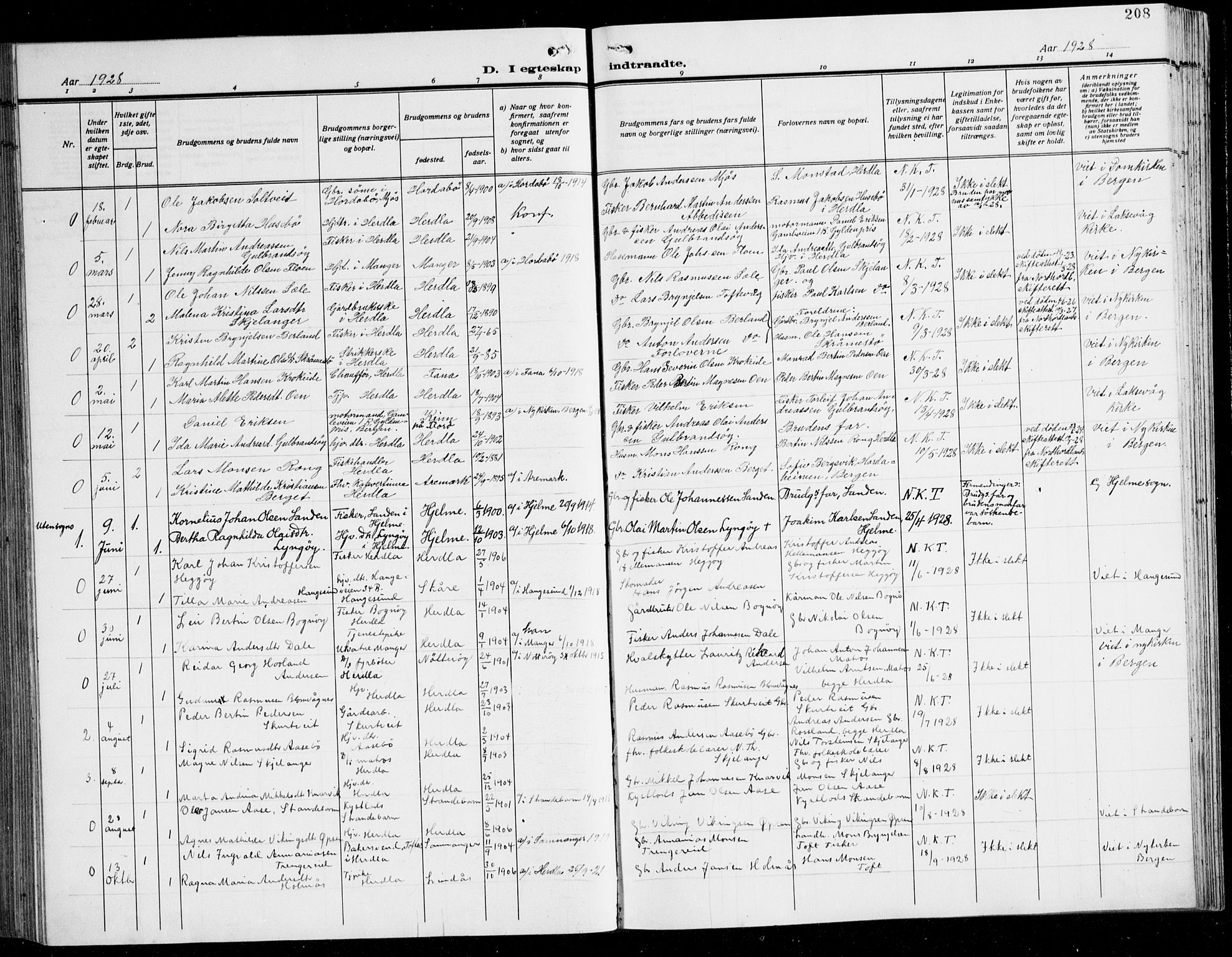 Herdla Sokneprestembete, AV/SAB-A-75701/H/Hab: Parish register (copy) no. C 3, 1926-1940, p. 208