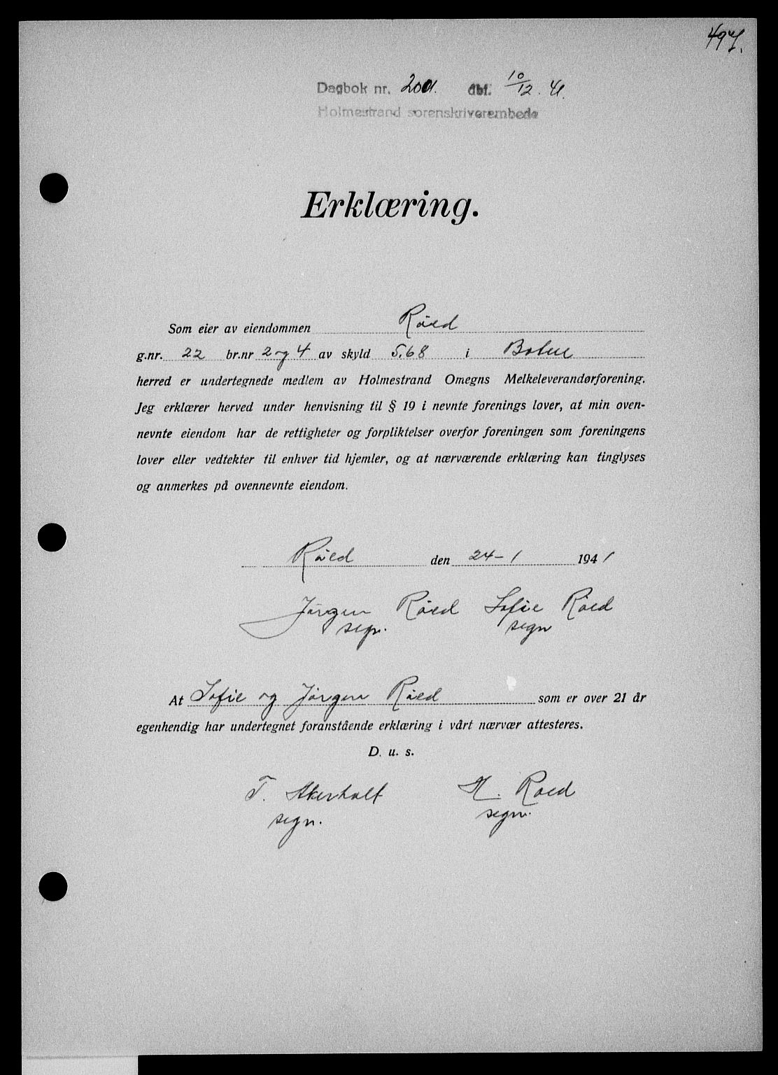 Holmestrand sorenskriveri, SAKO/A-67/G/Ga/Gaa/L0054: Mortgage book no. A-54, 1941-1942, Diary no: : 2001/1941