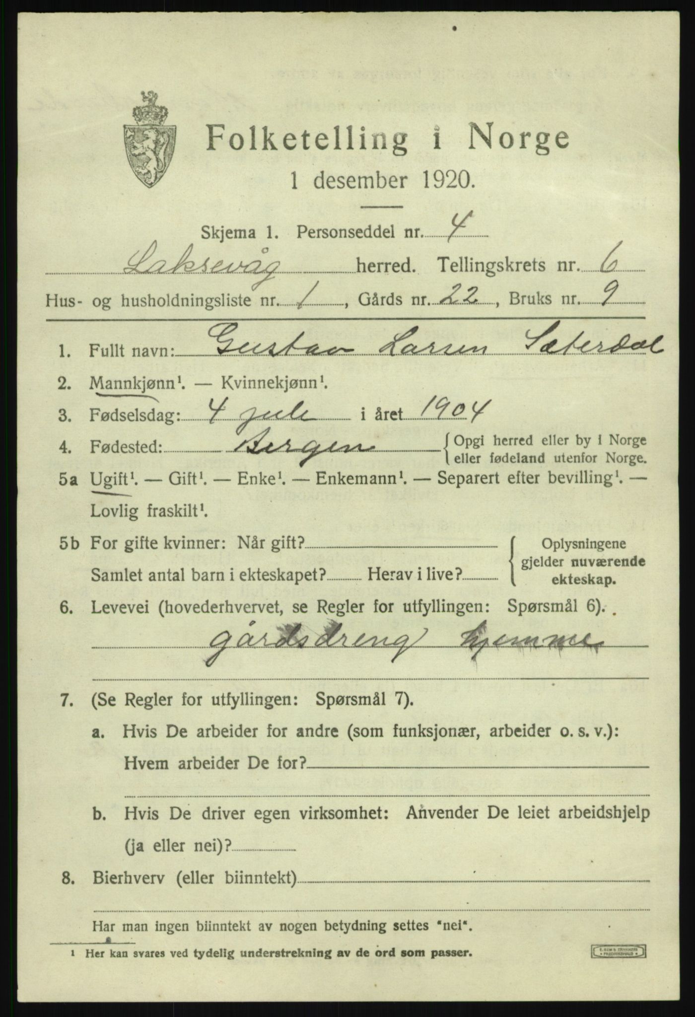 SAB, 1920 census for Laksevåg, 1920, p. 17122