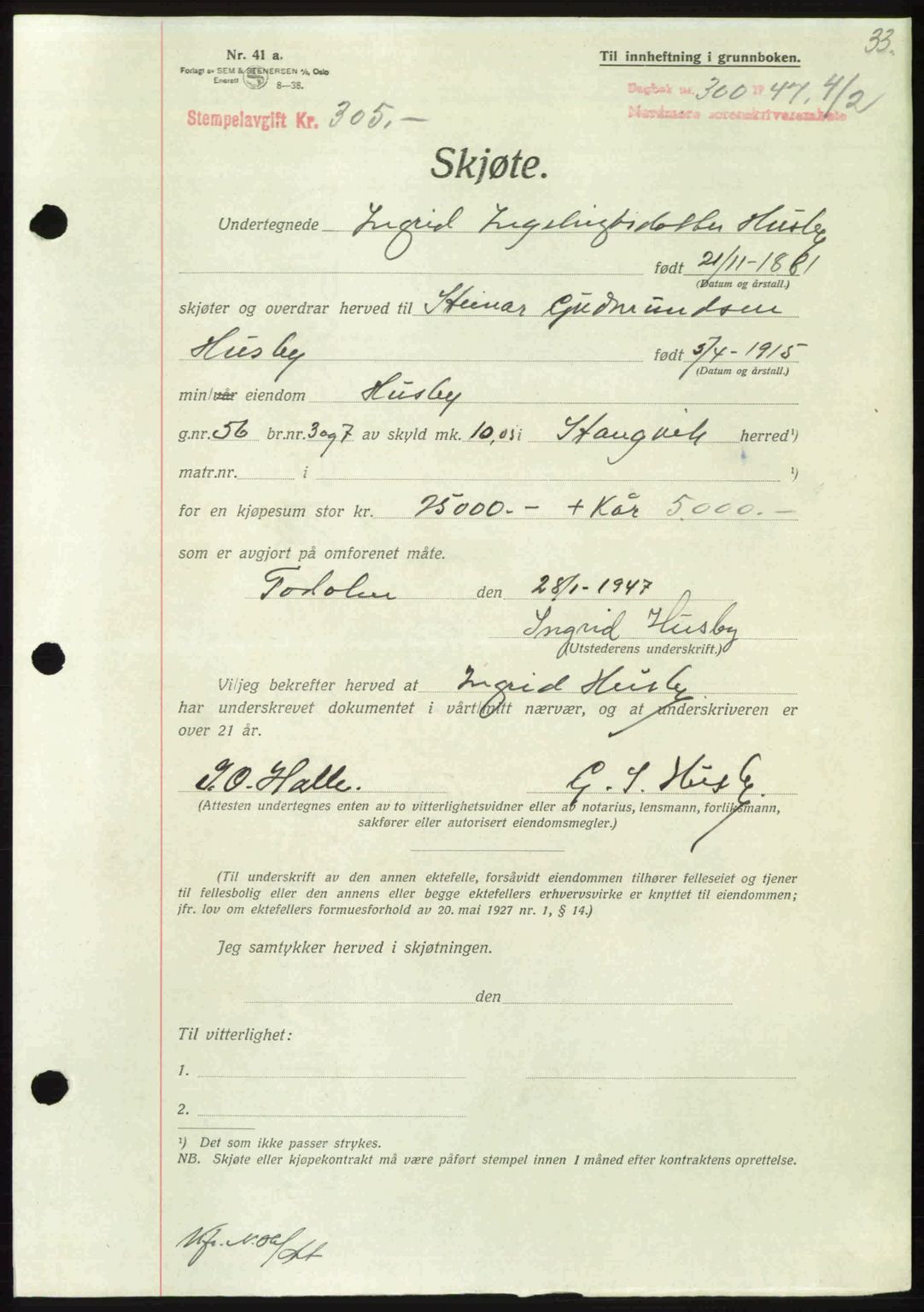 Nordmøre sorenskriveri, AV/SAT-A-4132/1/2/2Ca: Mortgage book no. A104, 1947-1947, Diary no: : 300/1947