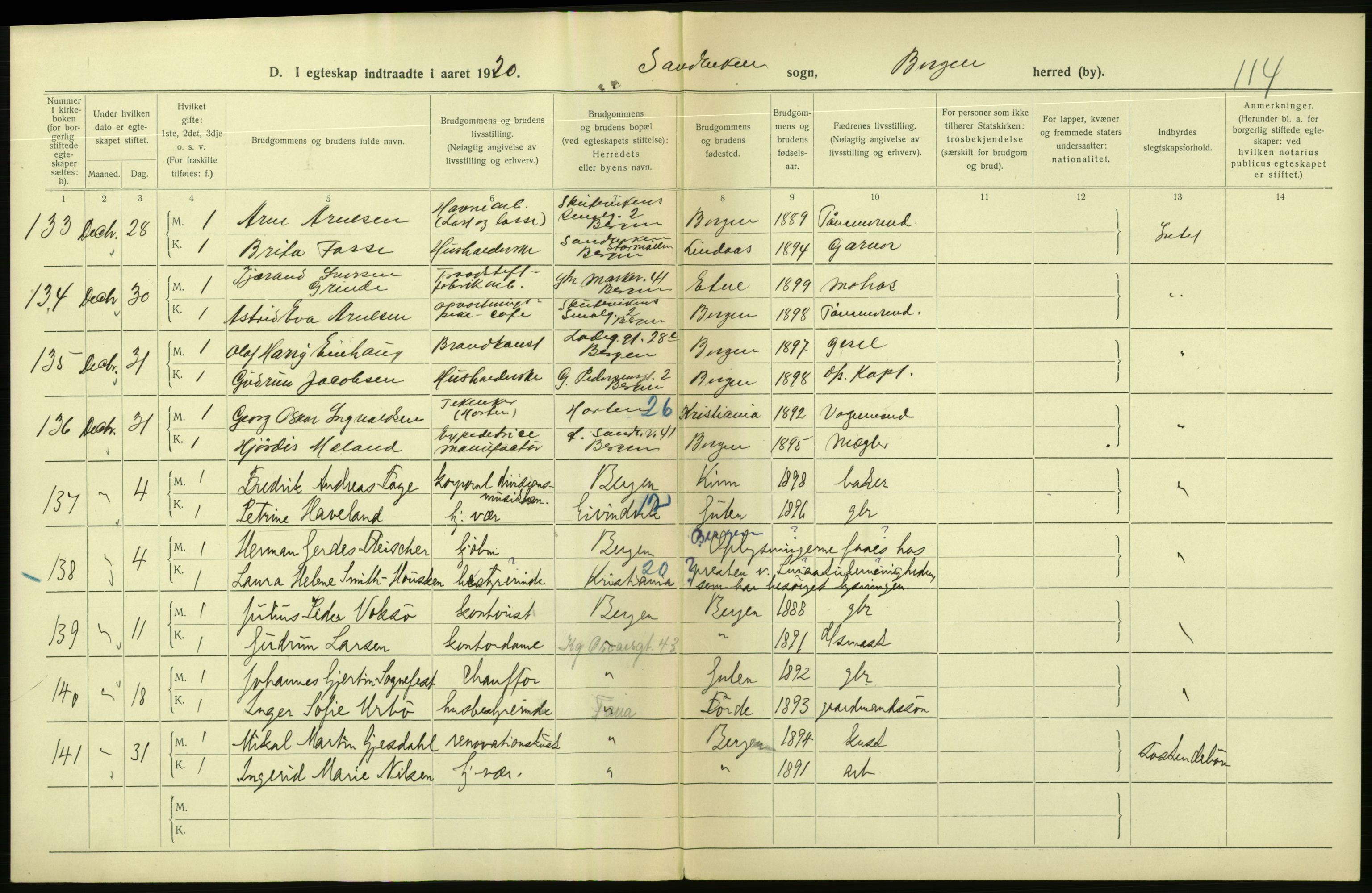 Statistisk sentralbyrå, Sosiodemografiske emner, Befolkning, AV/RA-S-2228/D/Df/Dfb/Dfbj/L0042: Bergen: Gifte, døde, dødfødte., 1920, p. 56