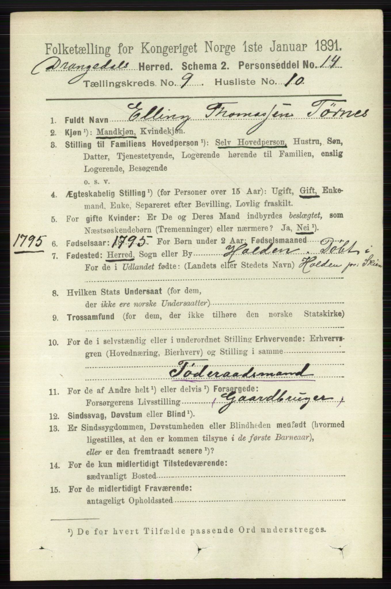 RA, 1891 census for 0817 Drangedal, 1891, p. 3191