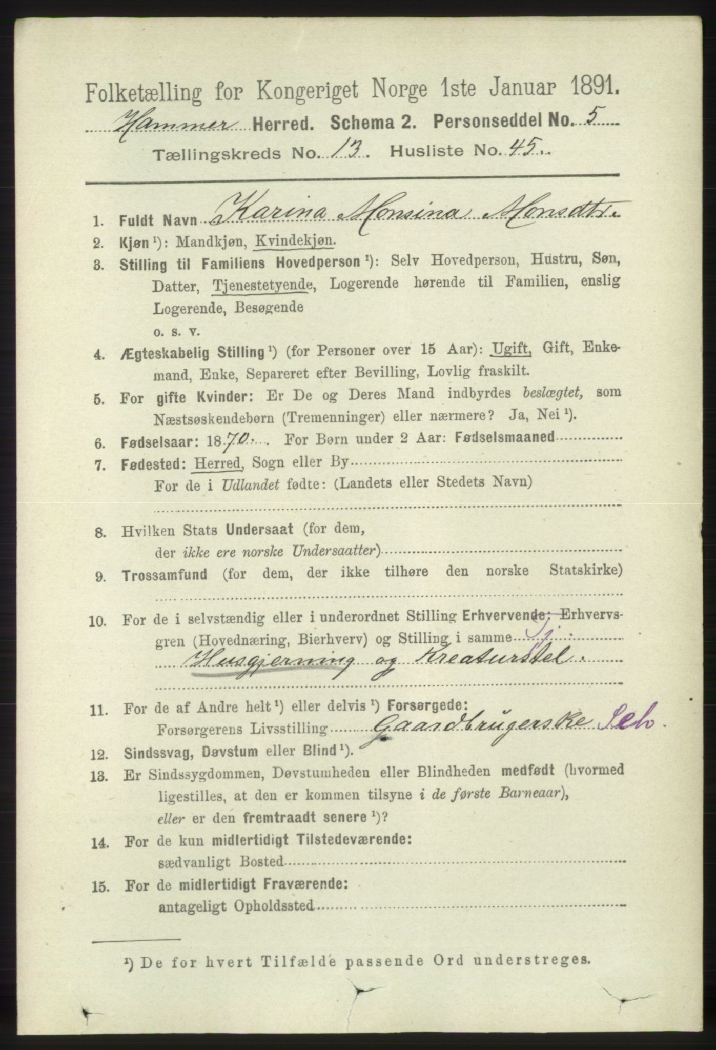 RA, 1891 census for 1254 Hamre, 1891, p. 4337