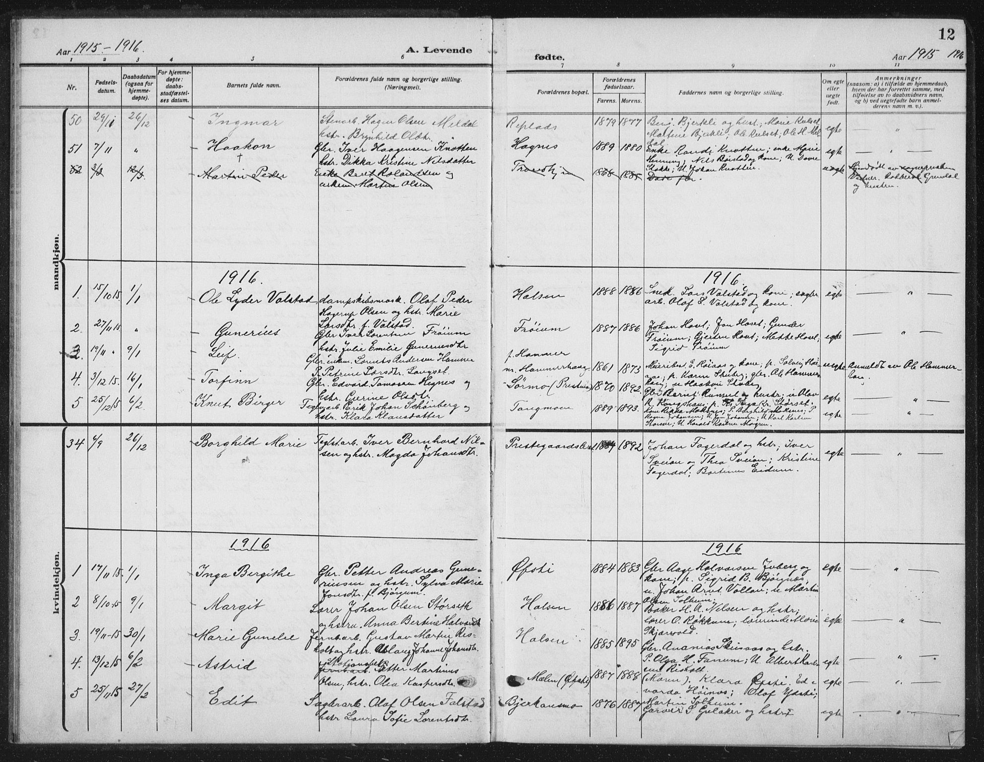 Ministerialprotokoller, klokkerbøker og fødselsregistre - Nord-Trøndelag, SAT/A-1458/709/L0088: Parish register (copy) no. 709C02, 1914-1934, p. 12